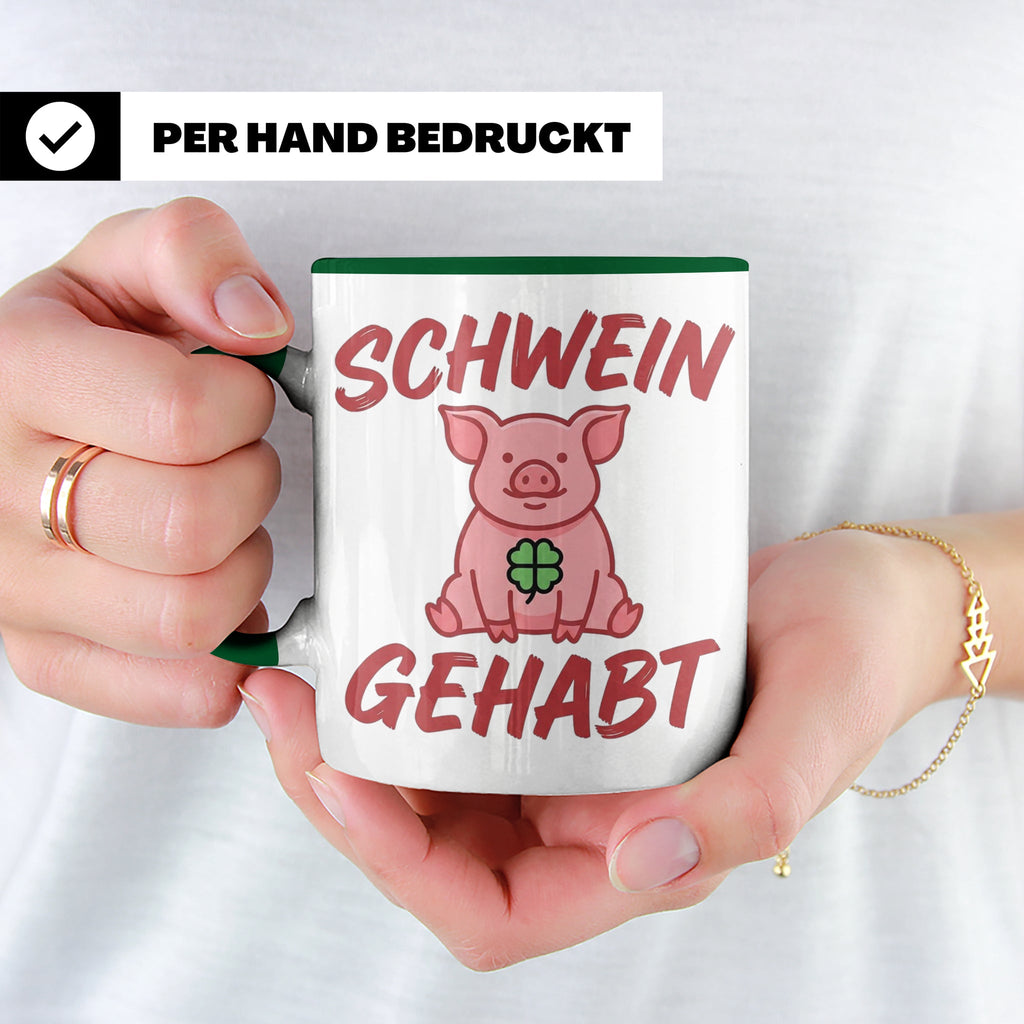 Schwein Gehabt Tasse mit Glücksschwein & Kleeblatt, Glücksbr – Grün [farbe:grün]