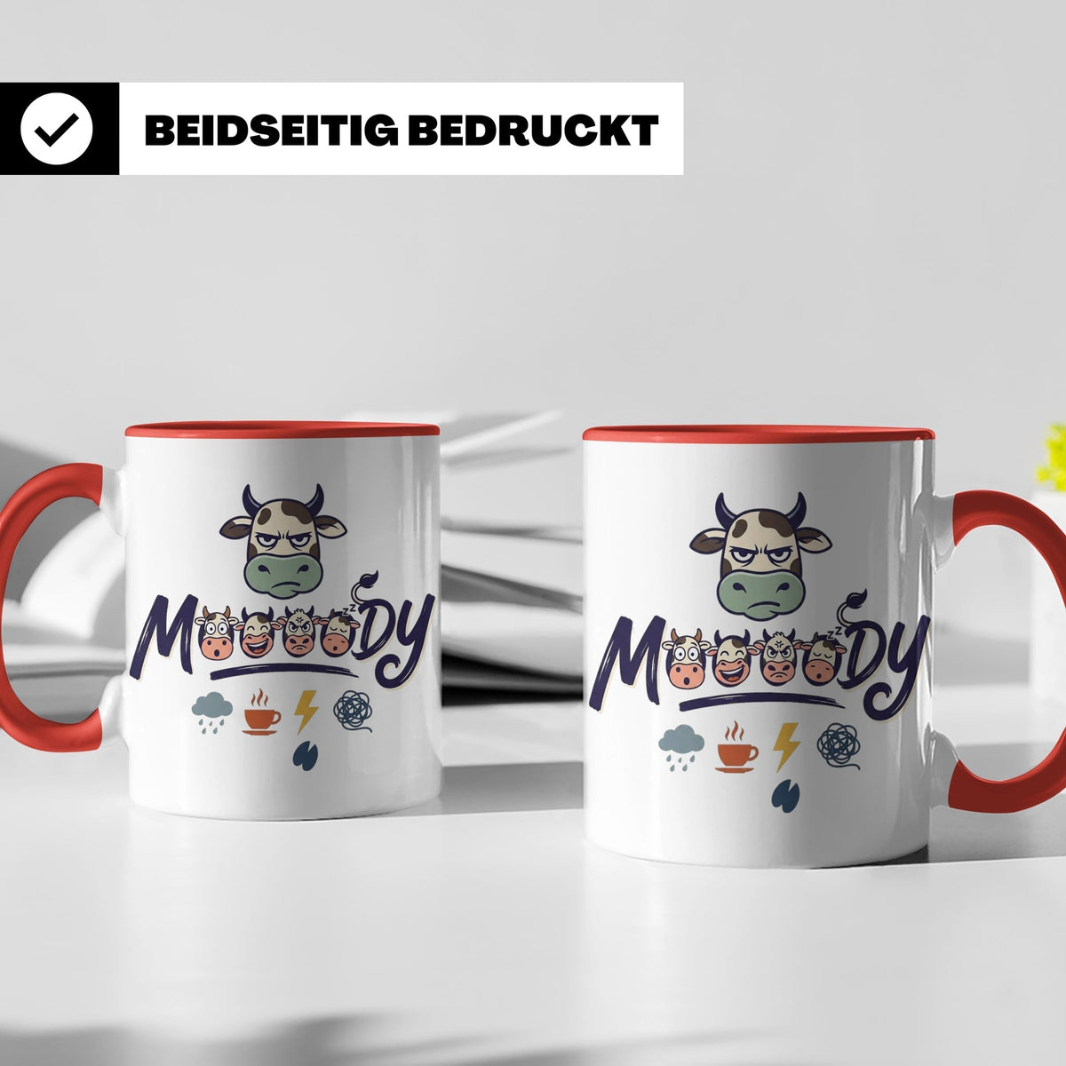 Launische Kuh Tasse Moody Cow lustiger Spruch, Kaffeebecher  – Rot [farbe:rot]