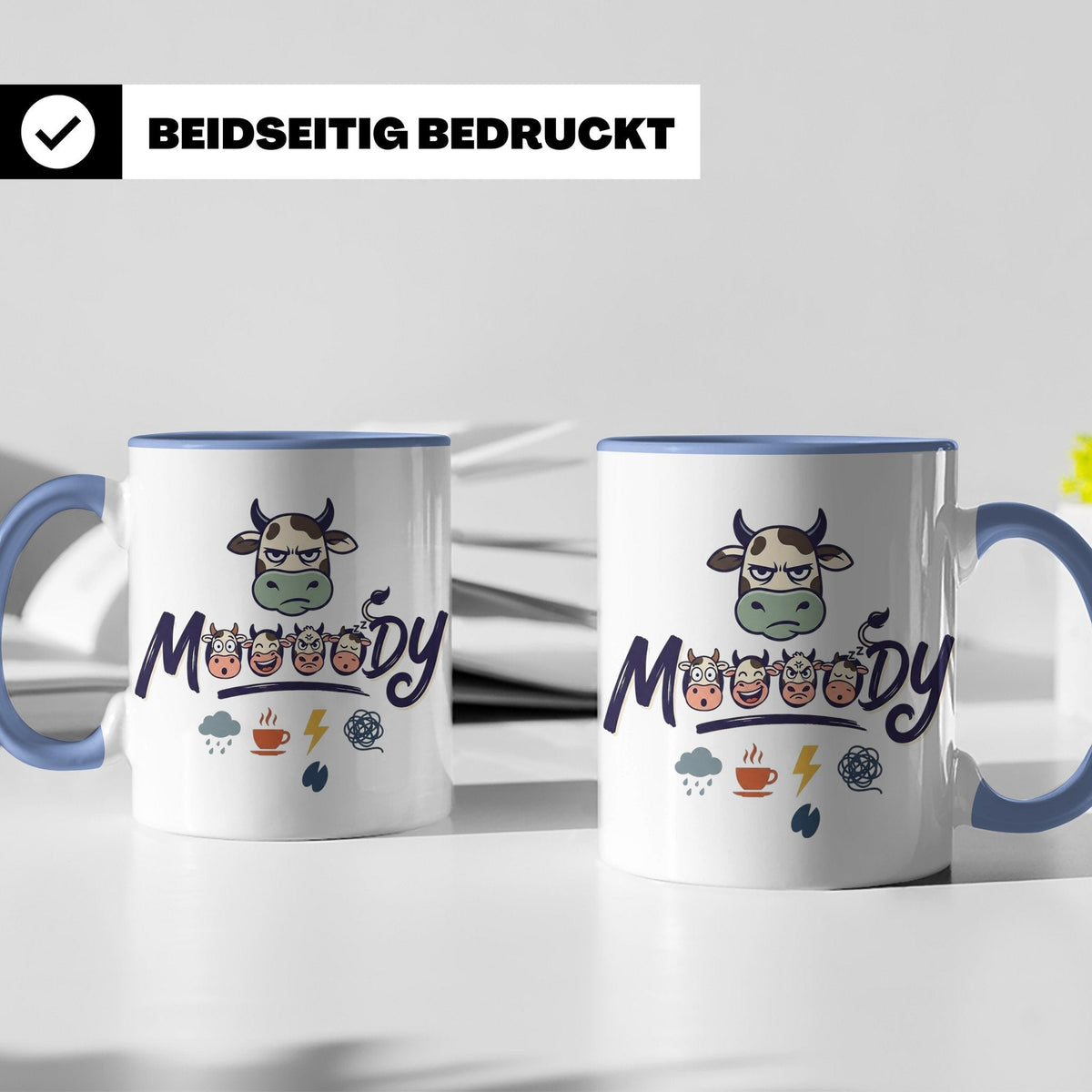 Launische Kuh Tasse Moody Cow lustiger Spruch, Kaffeebecher  – Blau [farbe:blau]