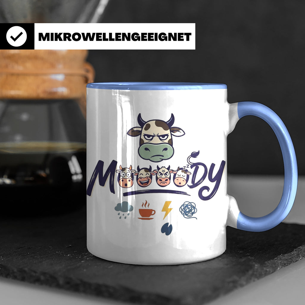 Launische Kuh Tasse Moody Cow lustiger Spruch, Kaffeebecher  – Blau [farbe:blau]