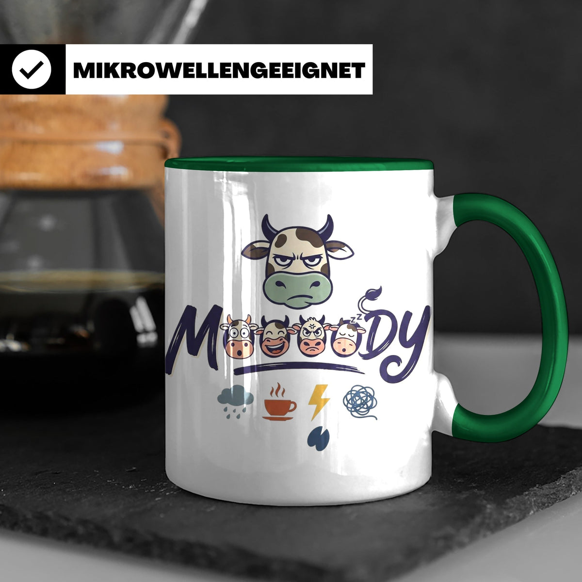 Launische Kuh Tasse Moody Cow lustiger Spruch, Kaffeebecher  – Grün [farbe:grün]