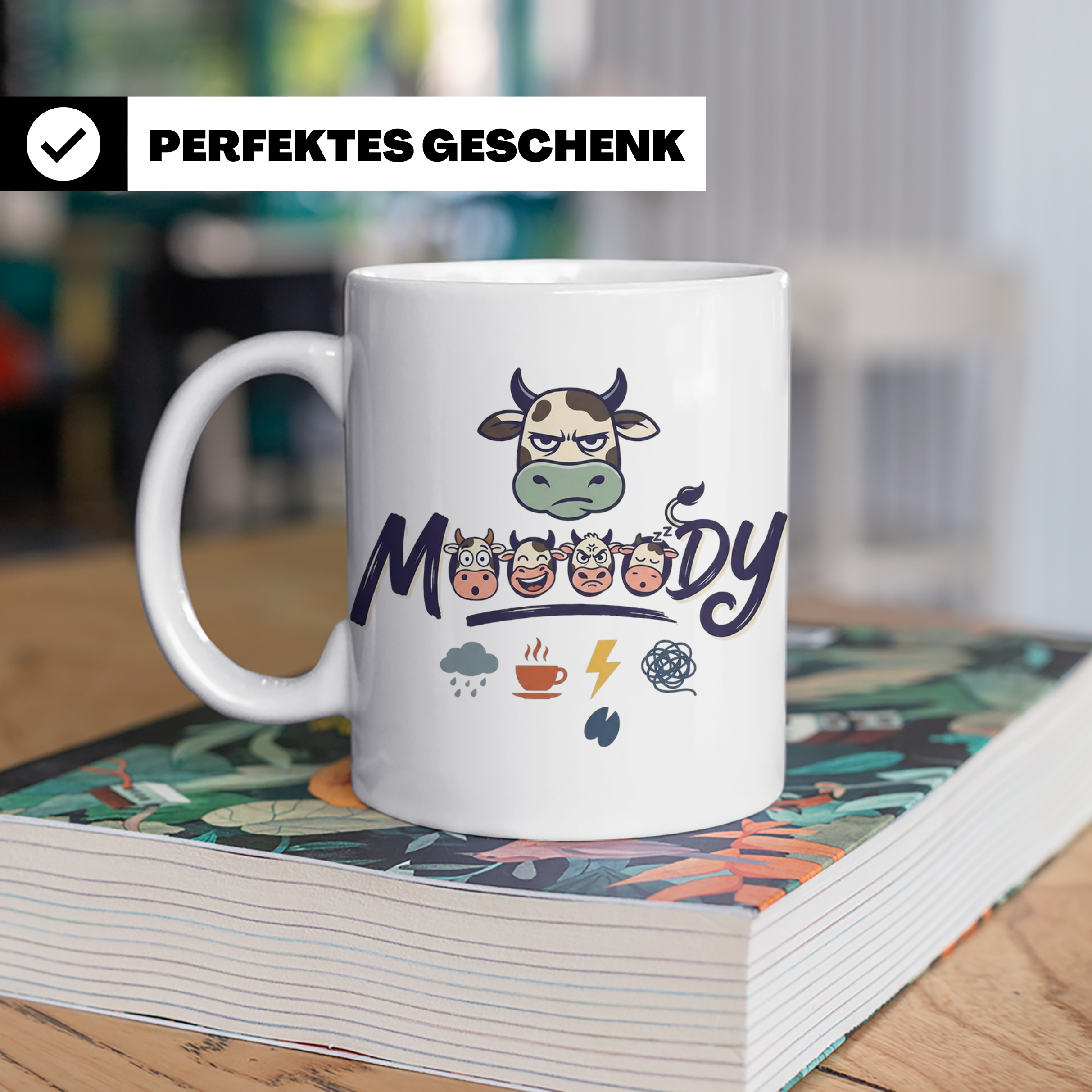 Launische Kuh Tasse Moody Cow lustiger Spruch, Kaffeebecher  – Weiß [farbe:weiß]