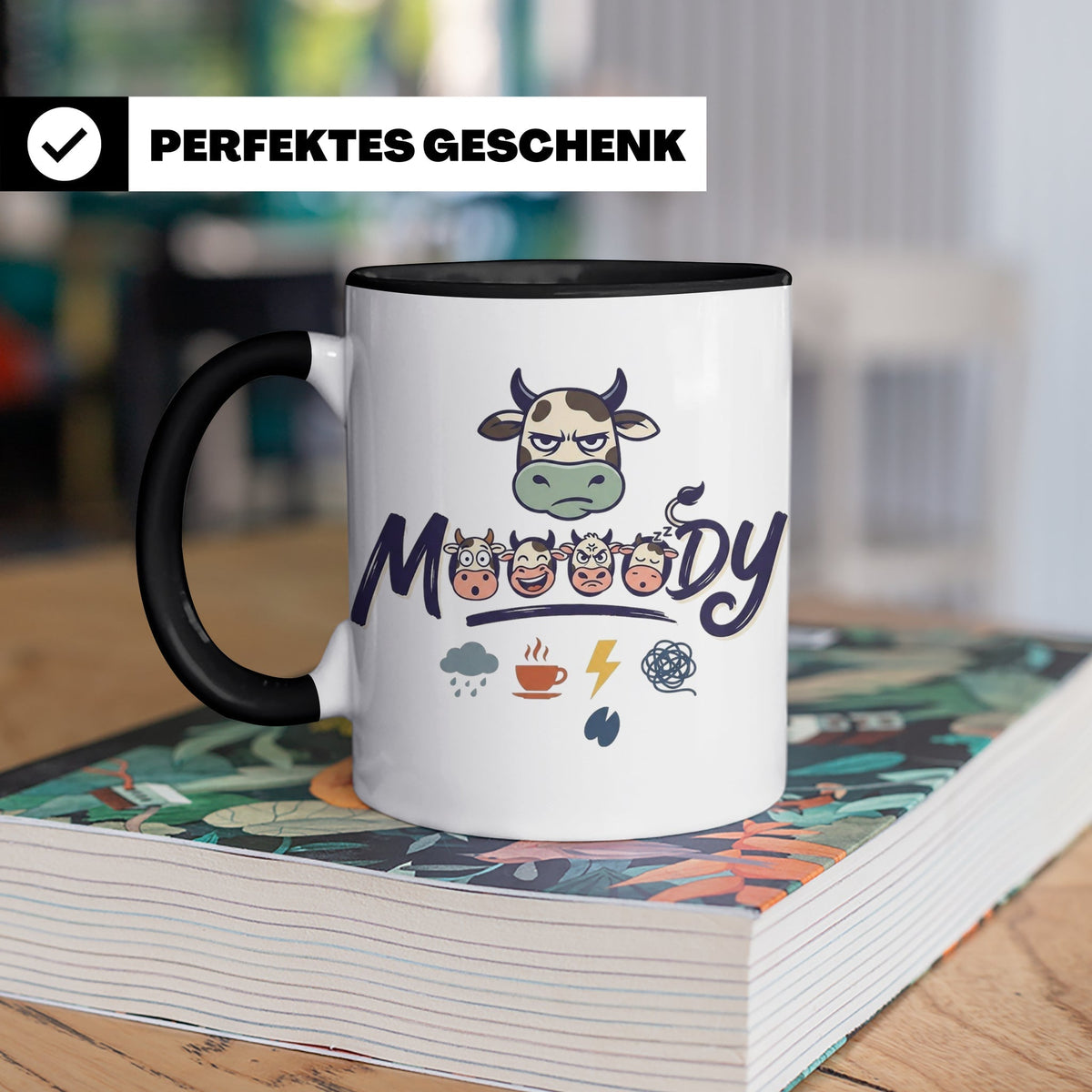 Launische Kuh Tasse Moody Cow lustiger Spruch, Kaffeebecher  – Schwarz [farbe:schwarz]