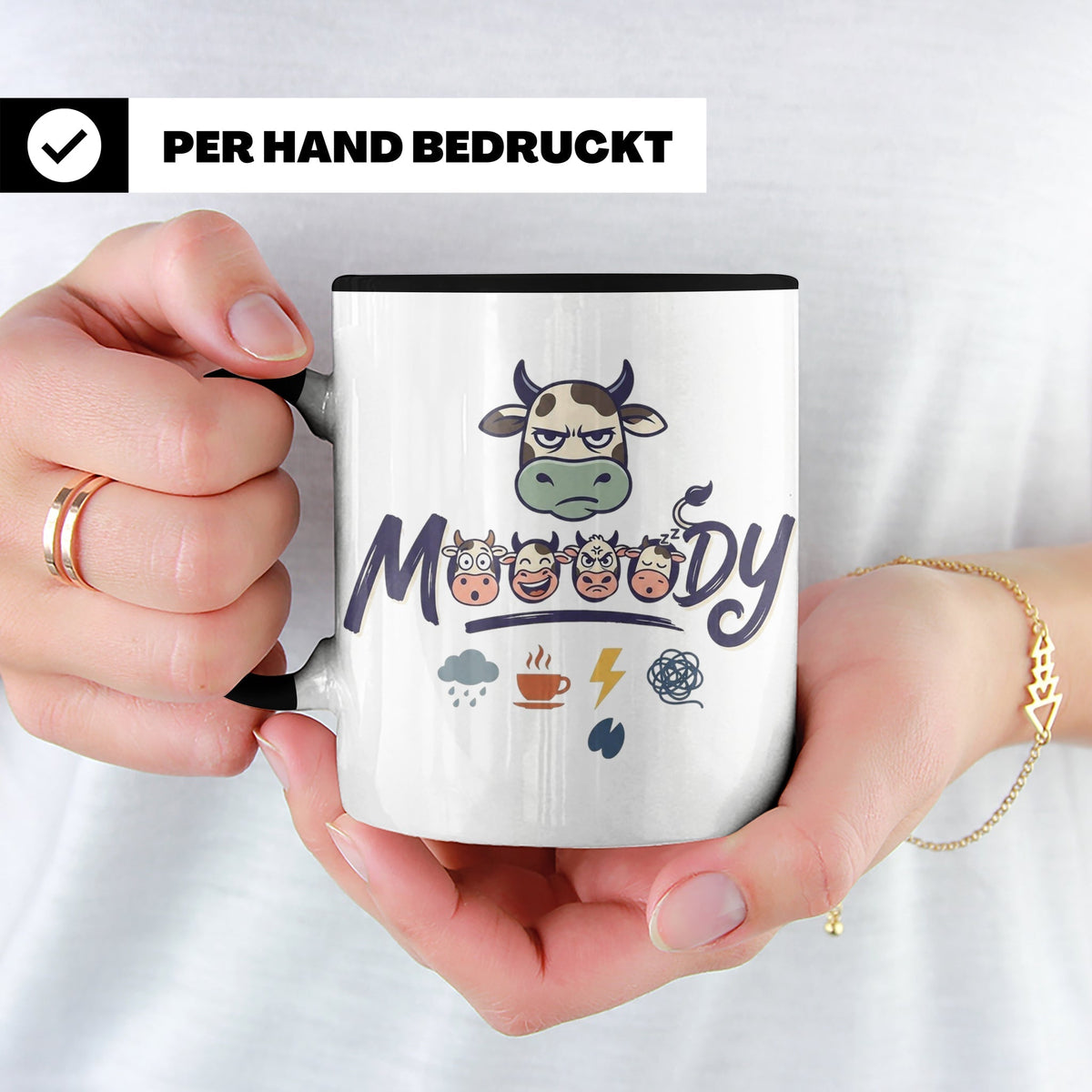 Launische Kuh Tasse Moody Cow lustiger Spruch, Kaffeebecher  – Schwarz [farbe:schwarz]