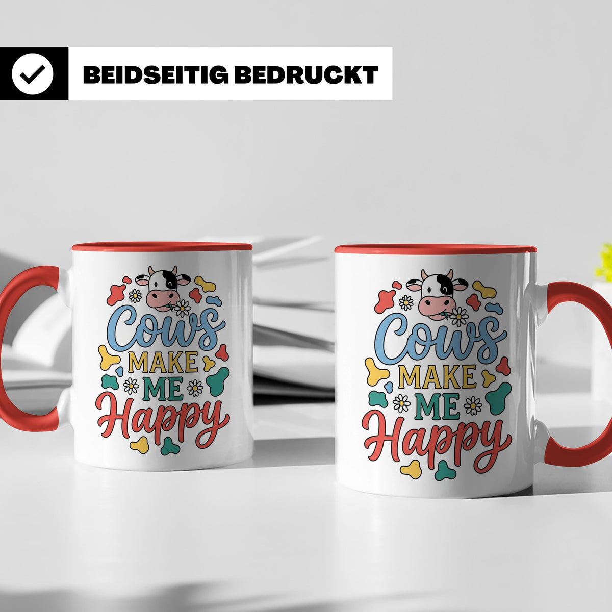 Kuh Tasse Cows Make Me Happy Geschenk für Landwirt & Bauer,  – Rot [farbe:rot]