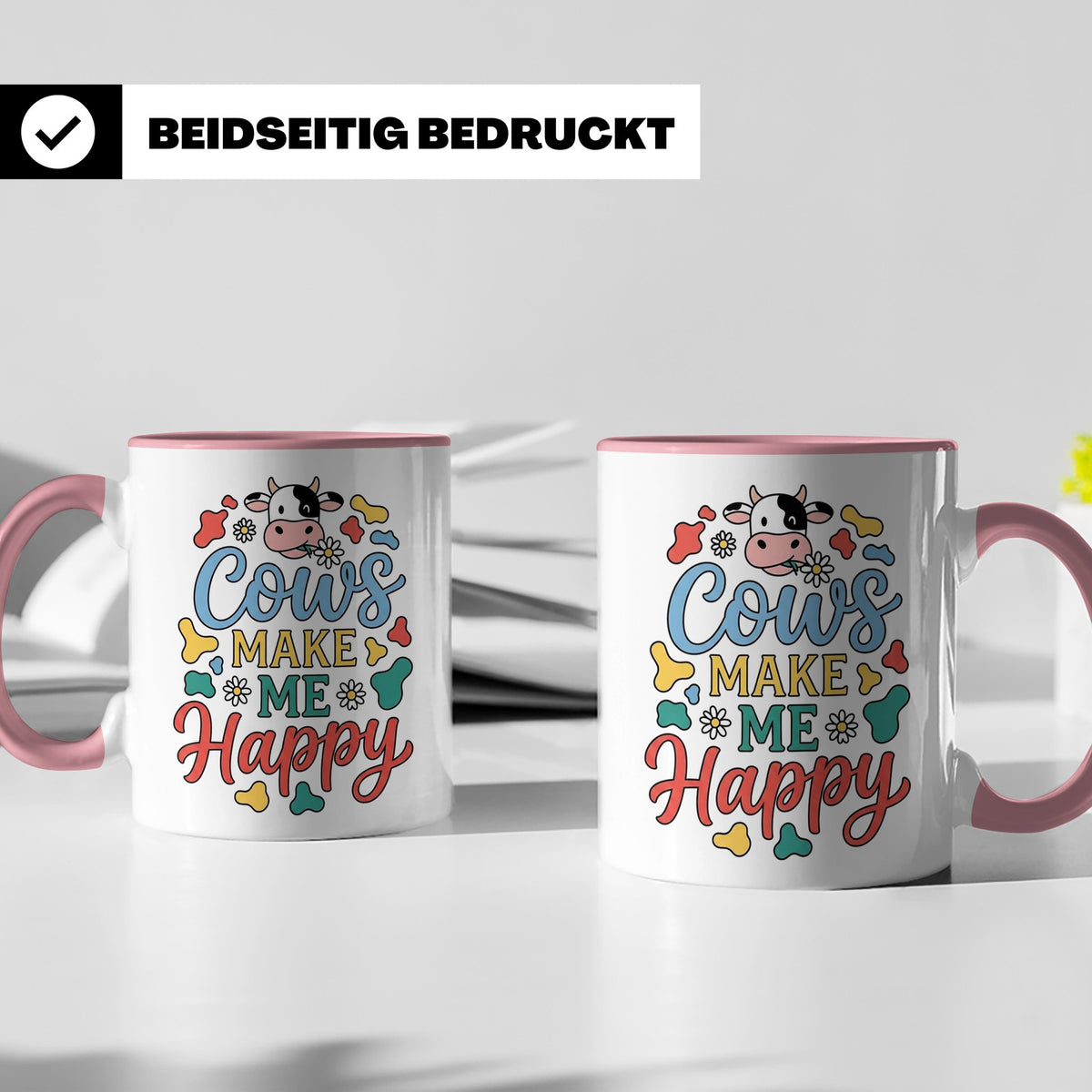 Kuh Tasse Cows Make Me Happy Geschenk für Landwirt & Bauer,  – Rosa [farbe:rosa]