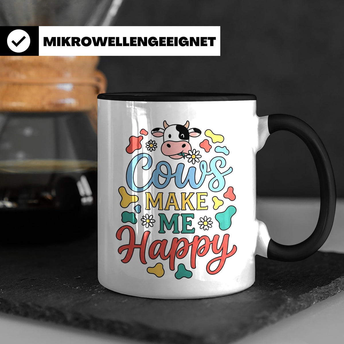 Kuh Tasse Cows Make Me Happy Geschenk für Landwirt & Bauer,  – Schwarz [farbe:schwarz]