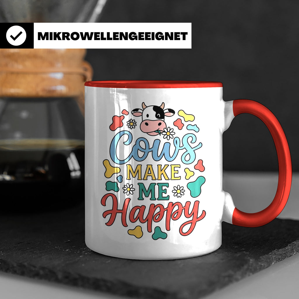 Kuh Tasse Cows Make Me Happy Geschenk für Landwirt & Bauer,  – Rot [farbe:rot]