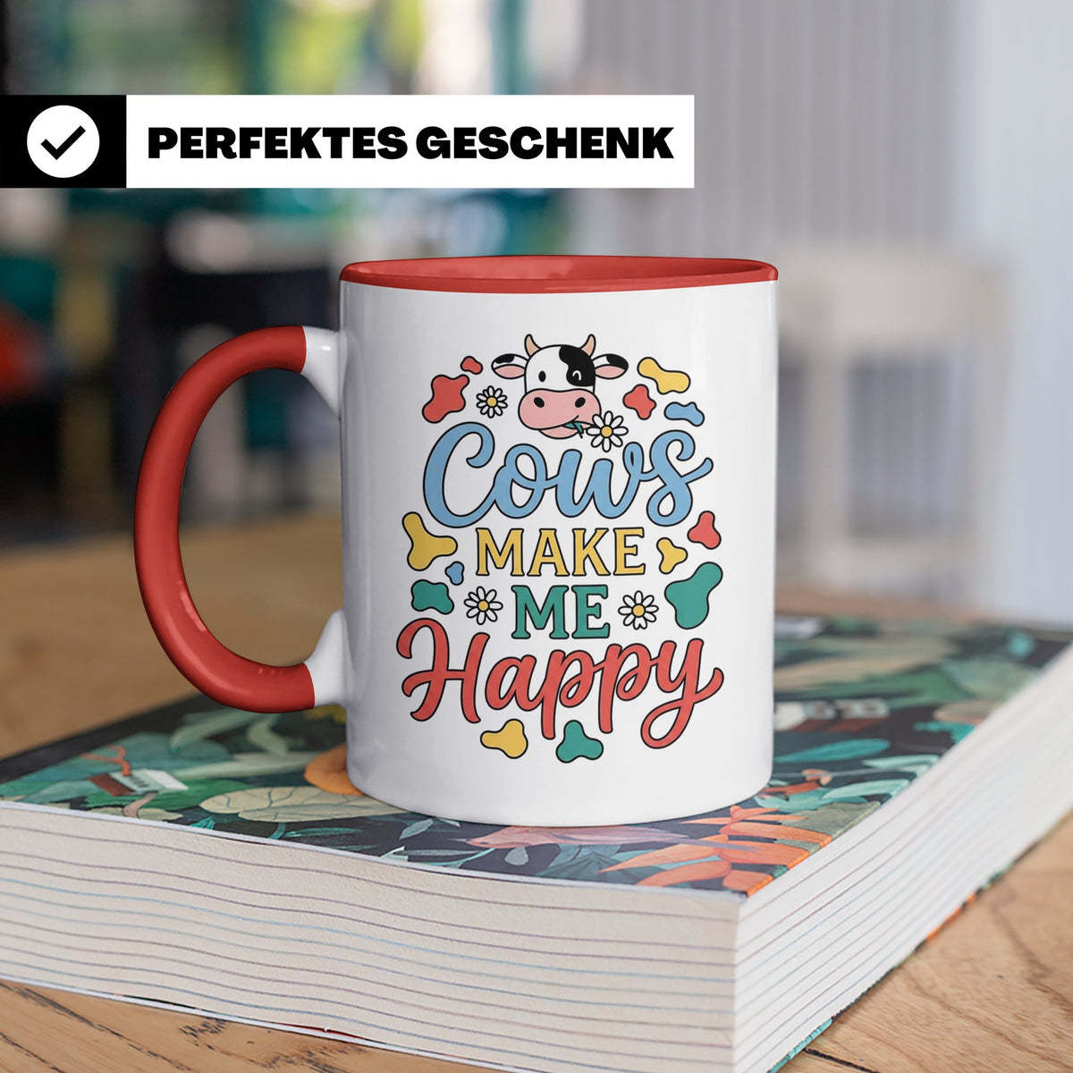 Kuh Tasse Cows Make Me Happy Geschenk für Landwirt & Bauer,  – Rot [farbe:rot]