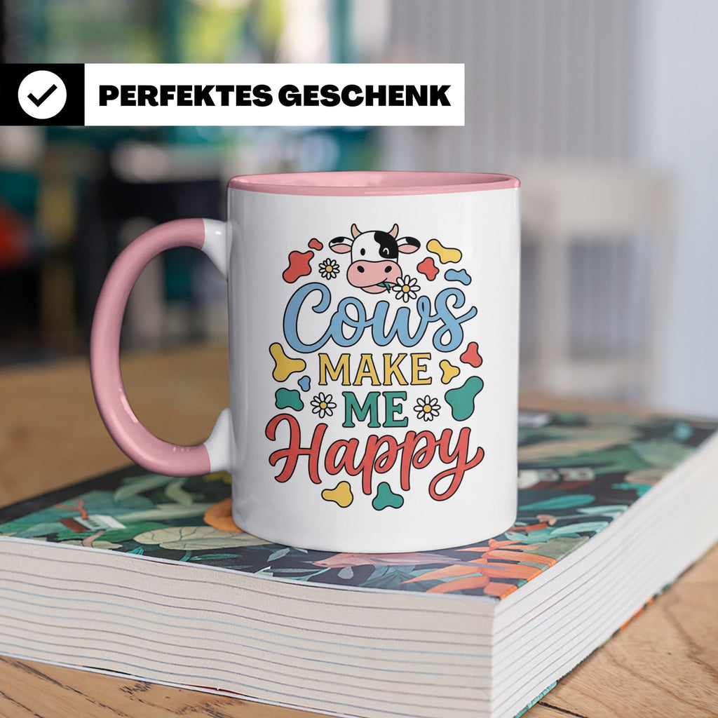 Kuh Tasse Cows Make Me Happy Geschenk für Landwirt & Bauer,  – Rosa [farbe:rosa]