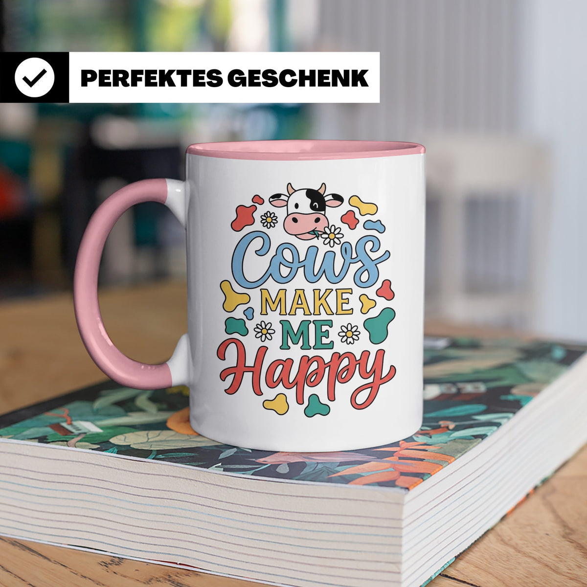 Kuh Tasse Cows Make Me Happy Geschenk für Landwirt & Bauer,  – Rosa [farbe:rosa]