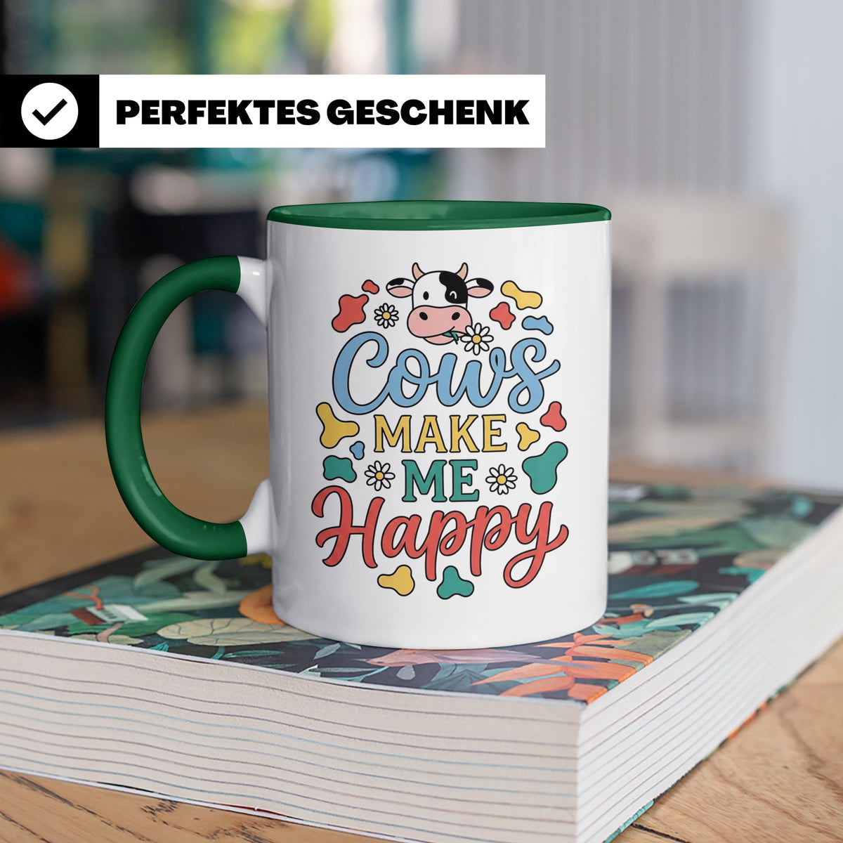 Kuh Tasse Cows Make Me Happy Geschenk für Landwirt & Bauer,  – Grün [farbe:grün]