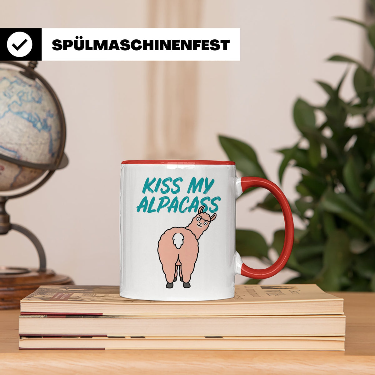 Alpaka Tasse Kiss My Alpacass, lustiger Spruch, Sarkasmus Ka – Rot [farbe:rot]