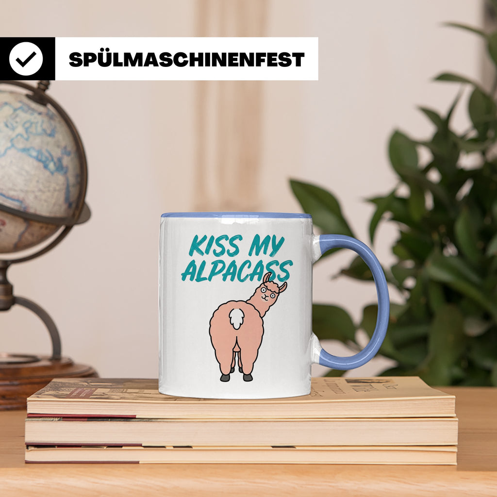 Alpaka Tasse Kiss My Alpacass, lustiger Spruch, Sarkasmus Ka – Blau [farbe:blau]