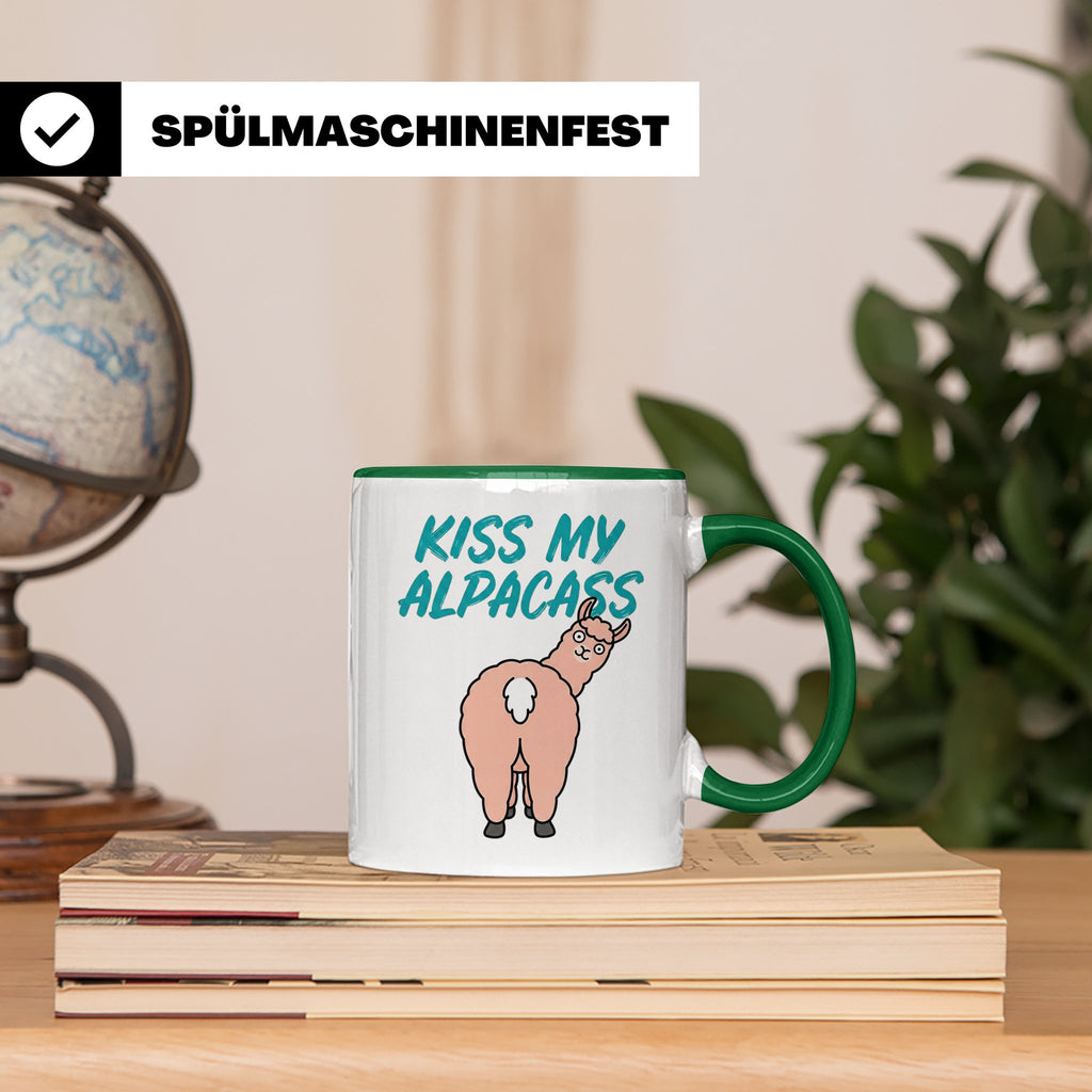 Alpaka Tasse Kiss My Alpacass, lustiger Spruch, Sarkasmus Ka – Grün [farbe:grün]