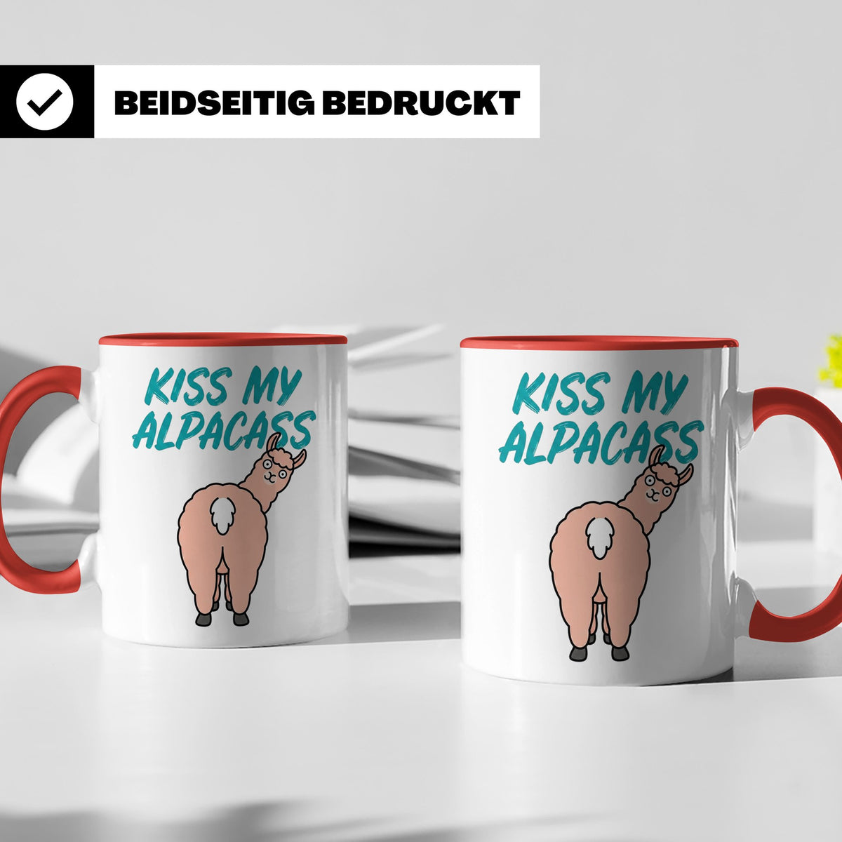 Alpaka Tasse Kiss My Alpacass, lustiger Spruch, Sarkasmus Ka – Rot [farbe:rot]