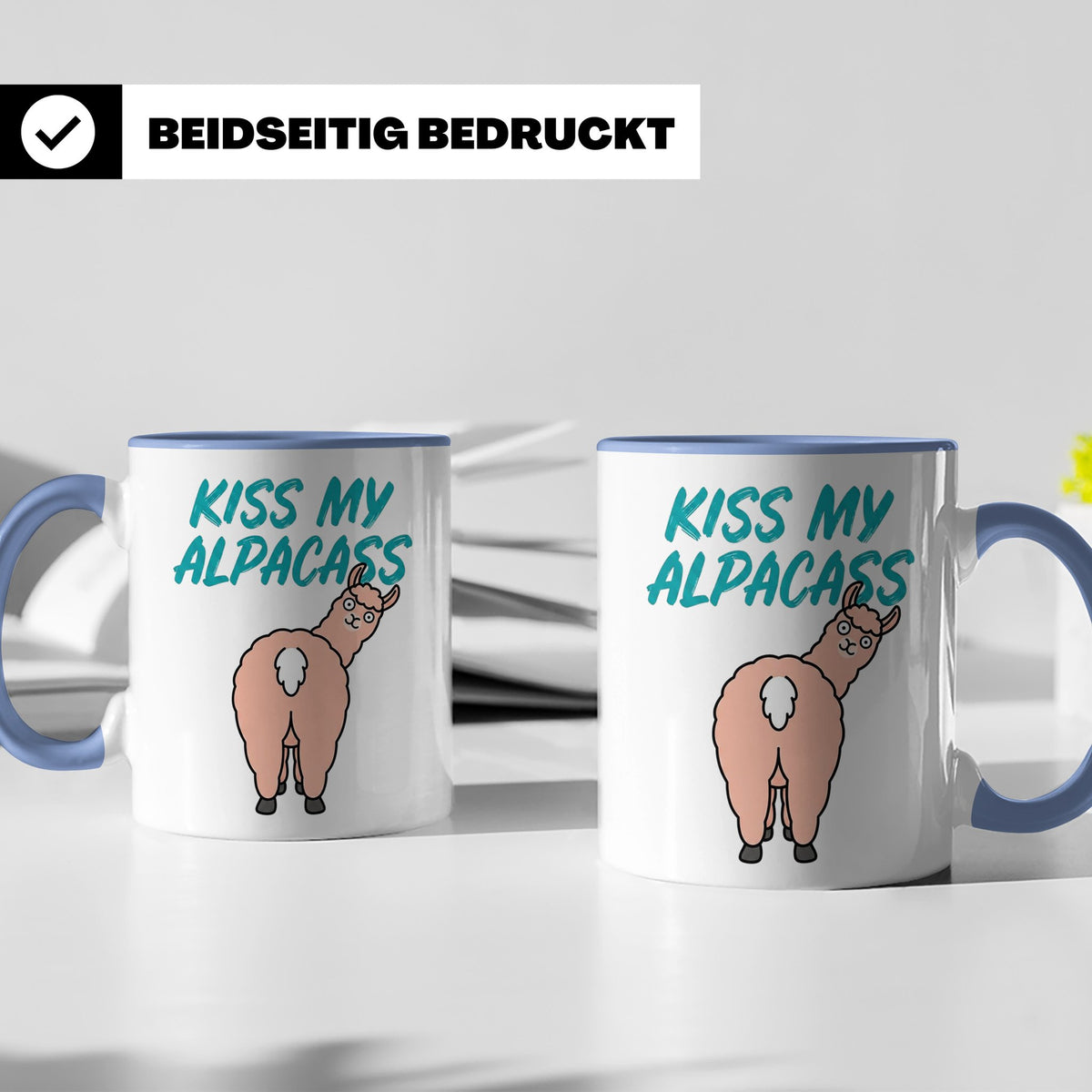 Alpaka Tasse Kiss My Alpacass, lustiger Spruch, Sarkasmus Ka – Blau [farbe:blau]