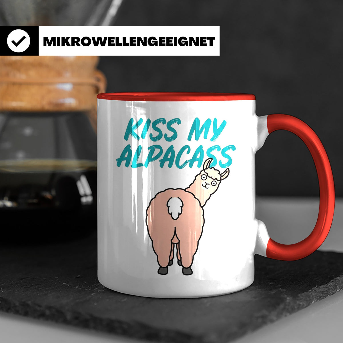 Alpaka Tasse Kiss My Alpacass, lustiger Spruch, Sarkasmus Ka – Rot [farbe:rot]