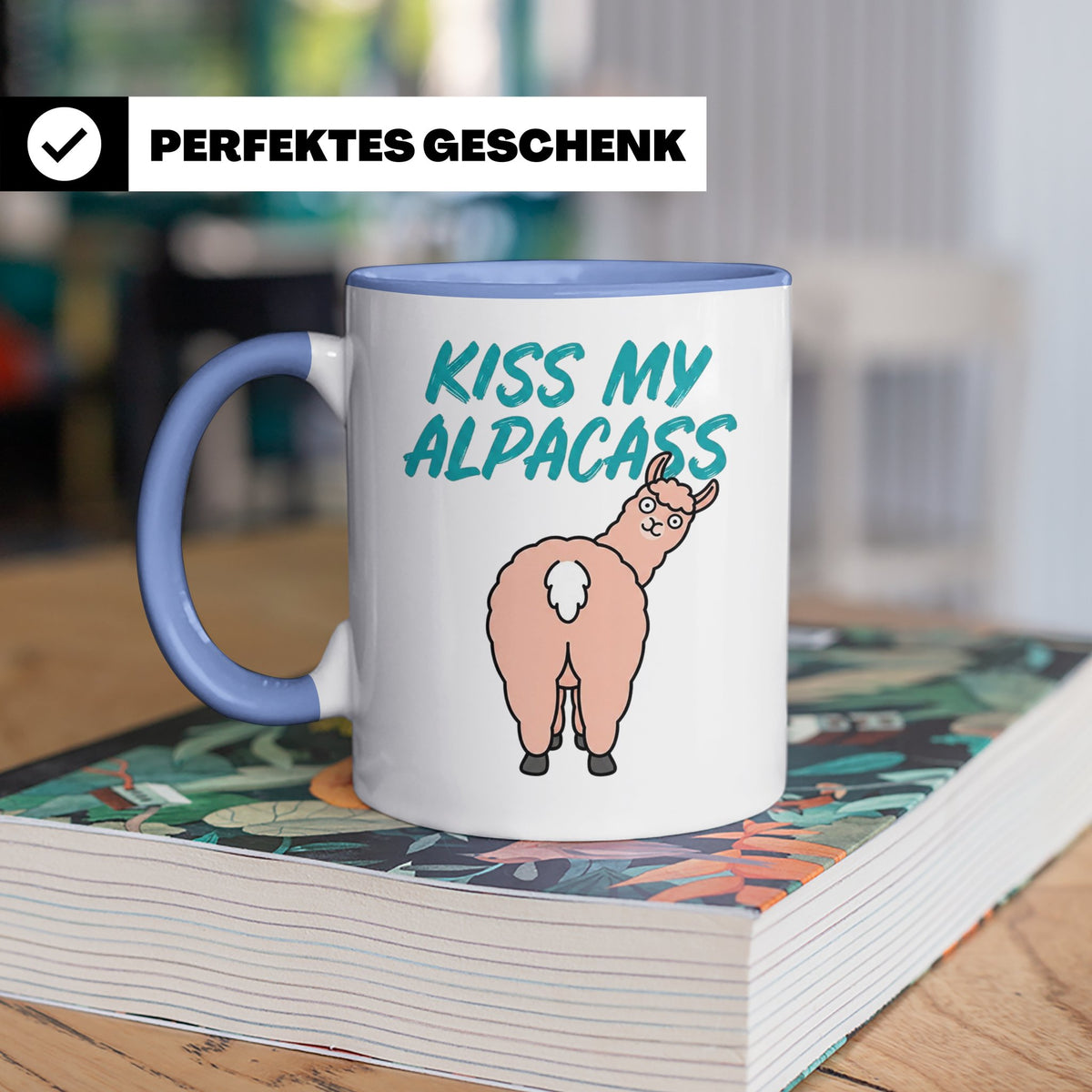 Alpaka Tasse Kiss My Alpacass, lustiger Spruch, Sarkasmus Ka – Blau [farbe:blau]