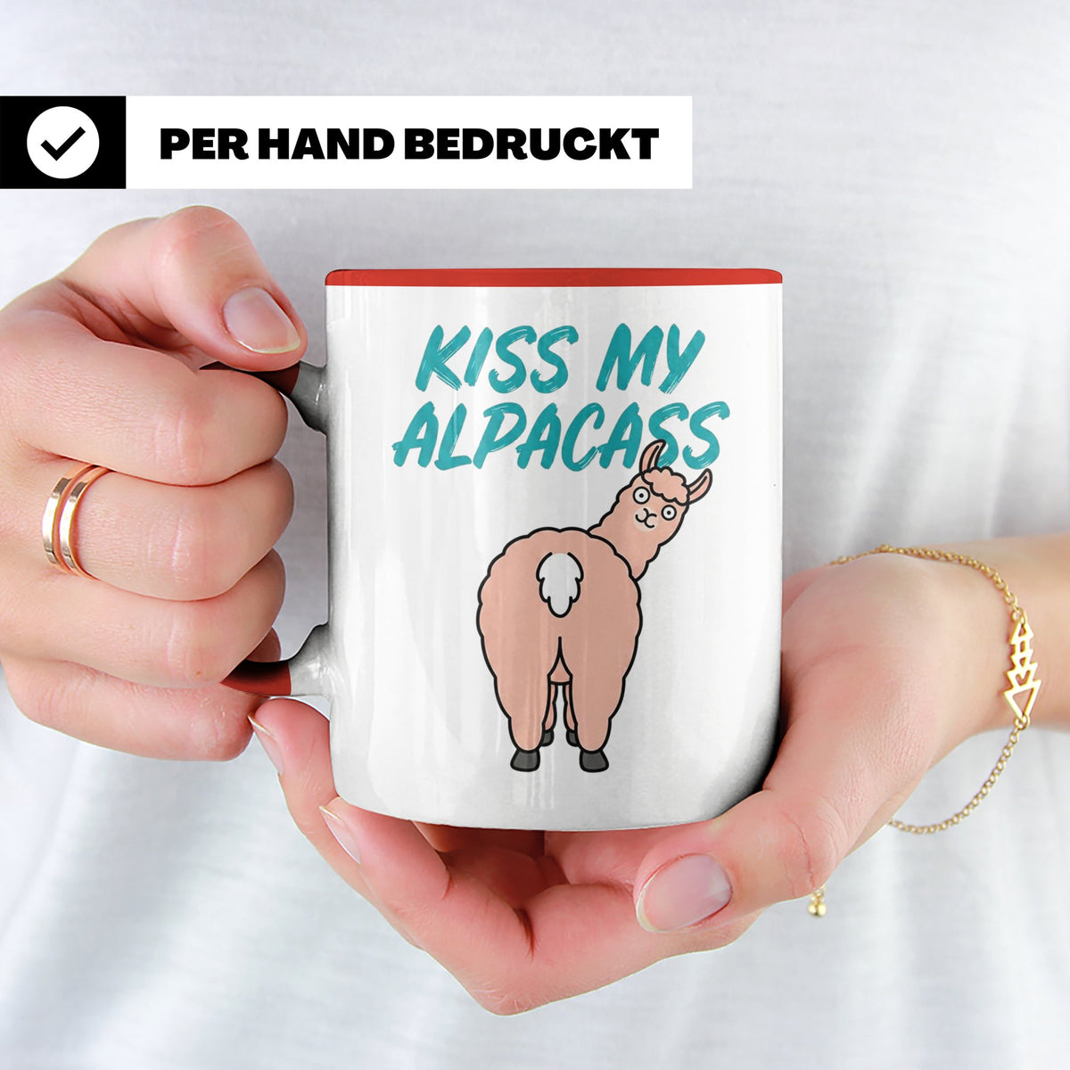 Alpaka Tasse Kiss My Alpacass, lustiger Spruch, Sarkasmus Ka – Rot [farbe:rot]