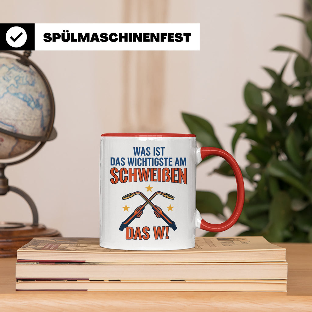 Schweißer Tasse mit lustigem Spruch Das Wichtigste am Schwei – Rot [farbe:rot]