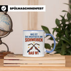 Schweißer Tasse mit lustigem Spruch Das Wichtigste am Schwei – Blau [farbe:blau]