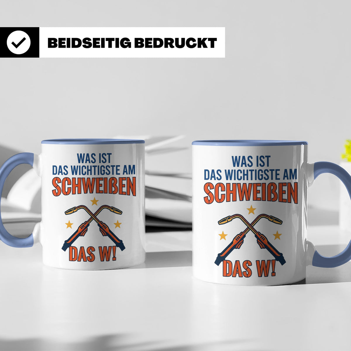 Schweißer Tasse mit lustigem Spruch Das Wichtigste am Schwei – Blau [farbe:blau]