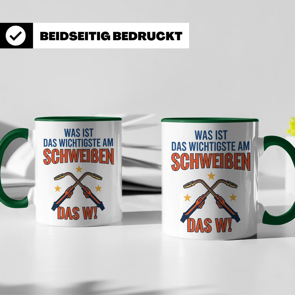 Schweißer Tasse mit lustigem Spruch Das Wichtigste am Schwei – Grün [farbe:grün]