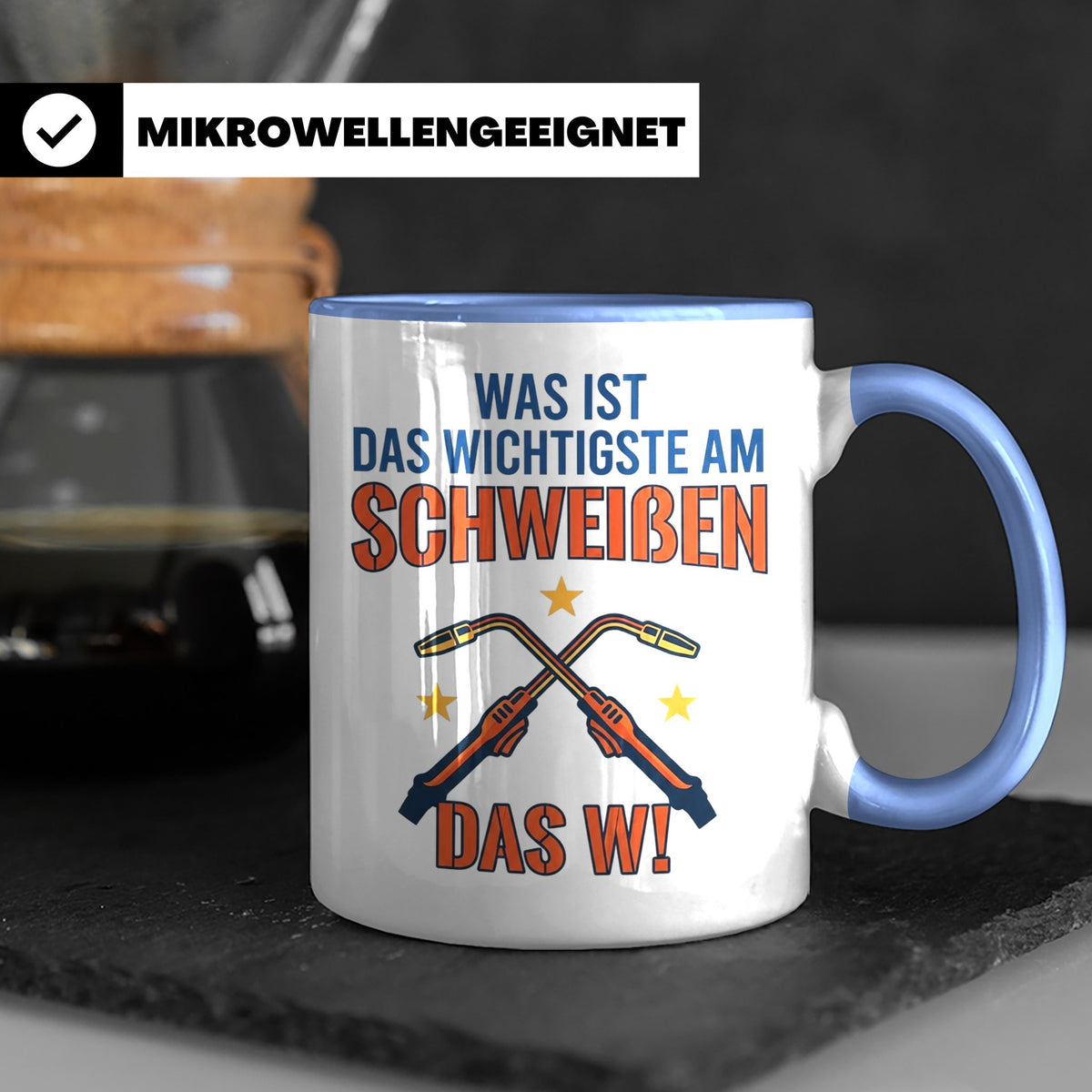 Schweißer Tasse mit lustigem Spruch Das Wichtigste am Schwei – Blau [farbe:blau]