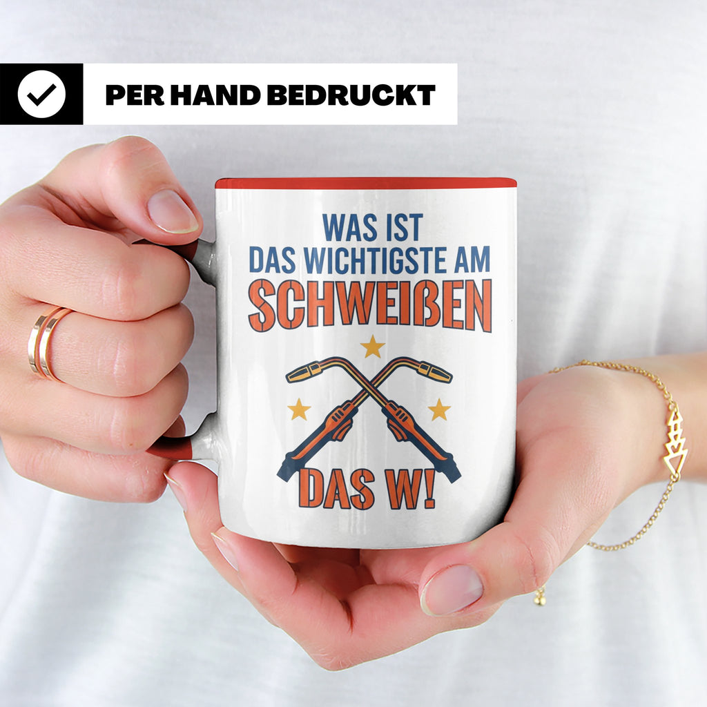 Schweißer Tasse mit lustigem Spruch Das Wichtigste am Schwei – Rot [farbe:rot]