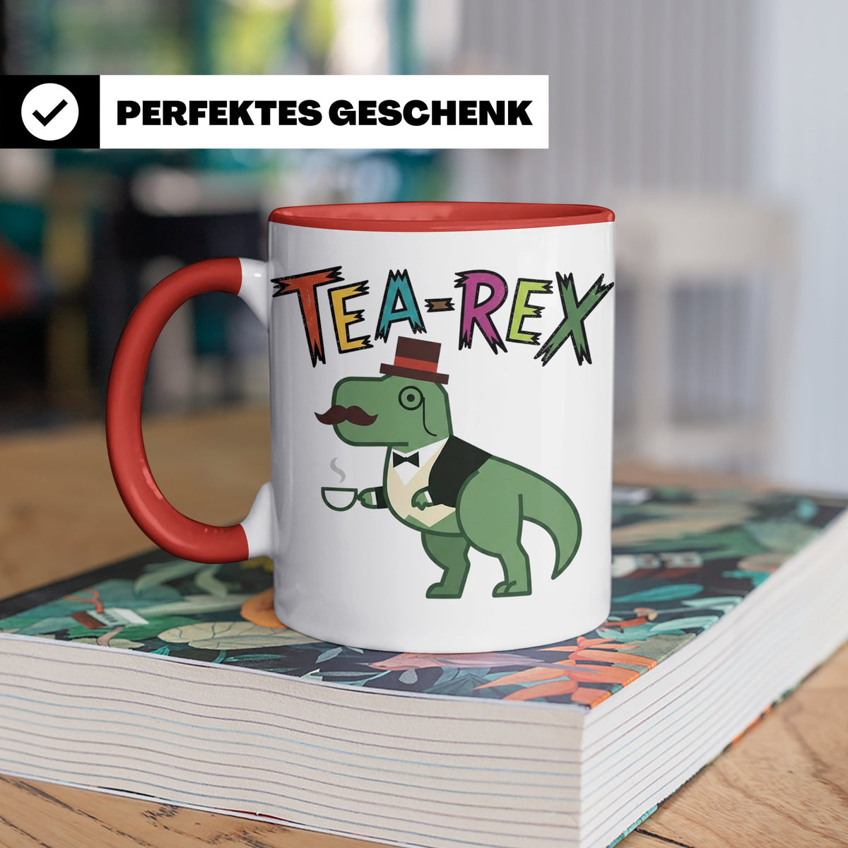 Tea Rex Tasse für Teeliebhaber, lustiges Dinosaurier Wortspi – Rot [farbe:rot]