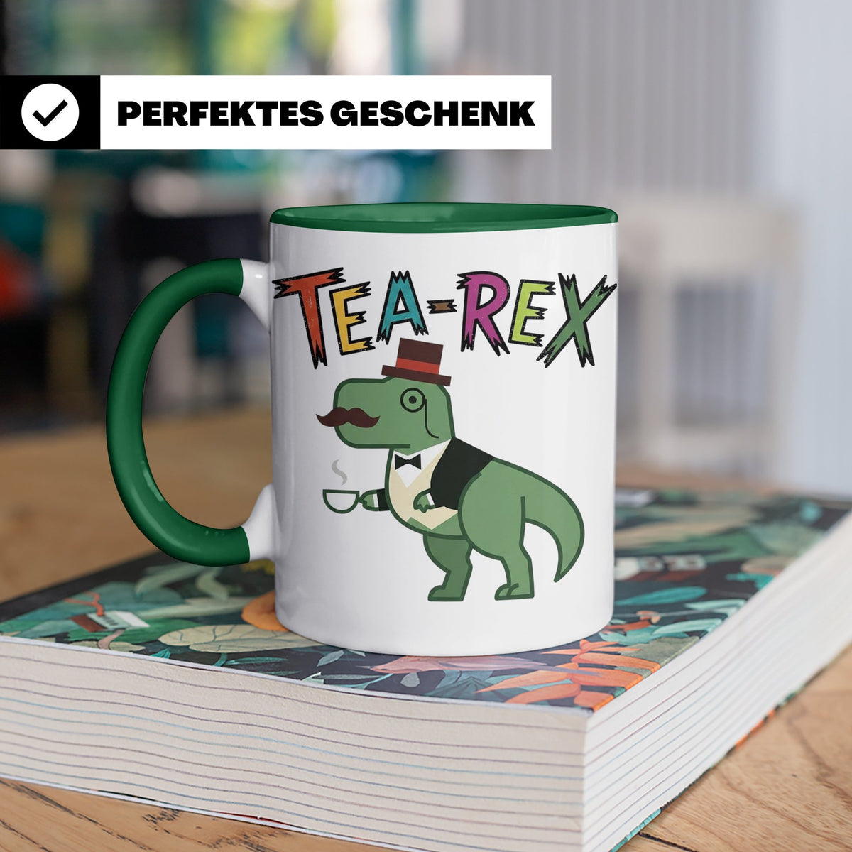 Tea Rex Tasse für Teeliebhaber, lustiges Dinosaurier Wortspi – Grün [farbe:grün]