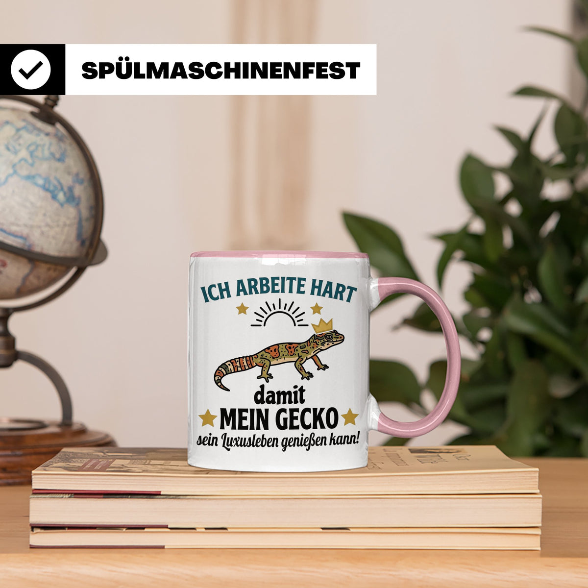 Gecko Tasse mit Spruch Ich arbeite hart... Leopardgecko Halt – Rosa [farbe:rosa]