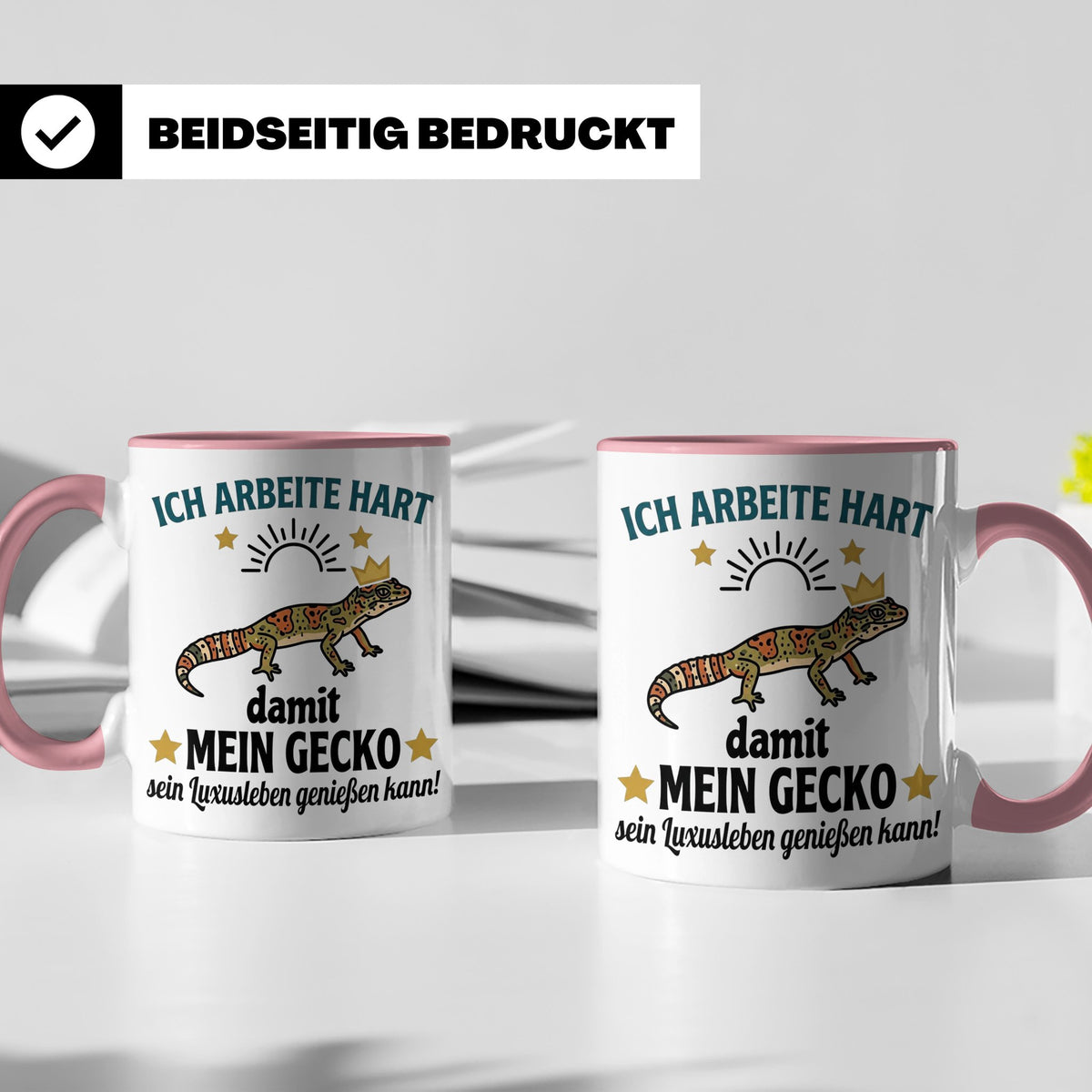Gecko Tasse mit Spruch Ich arbeite hart... Leopardgecko Halt – Rosa [farbe:rosa]