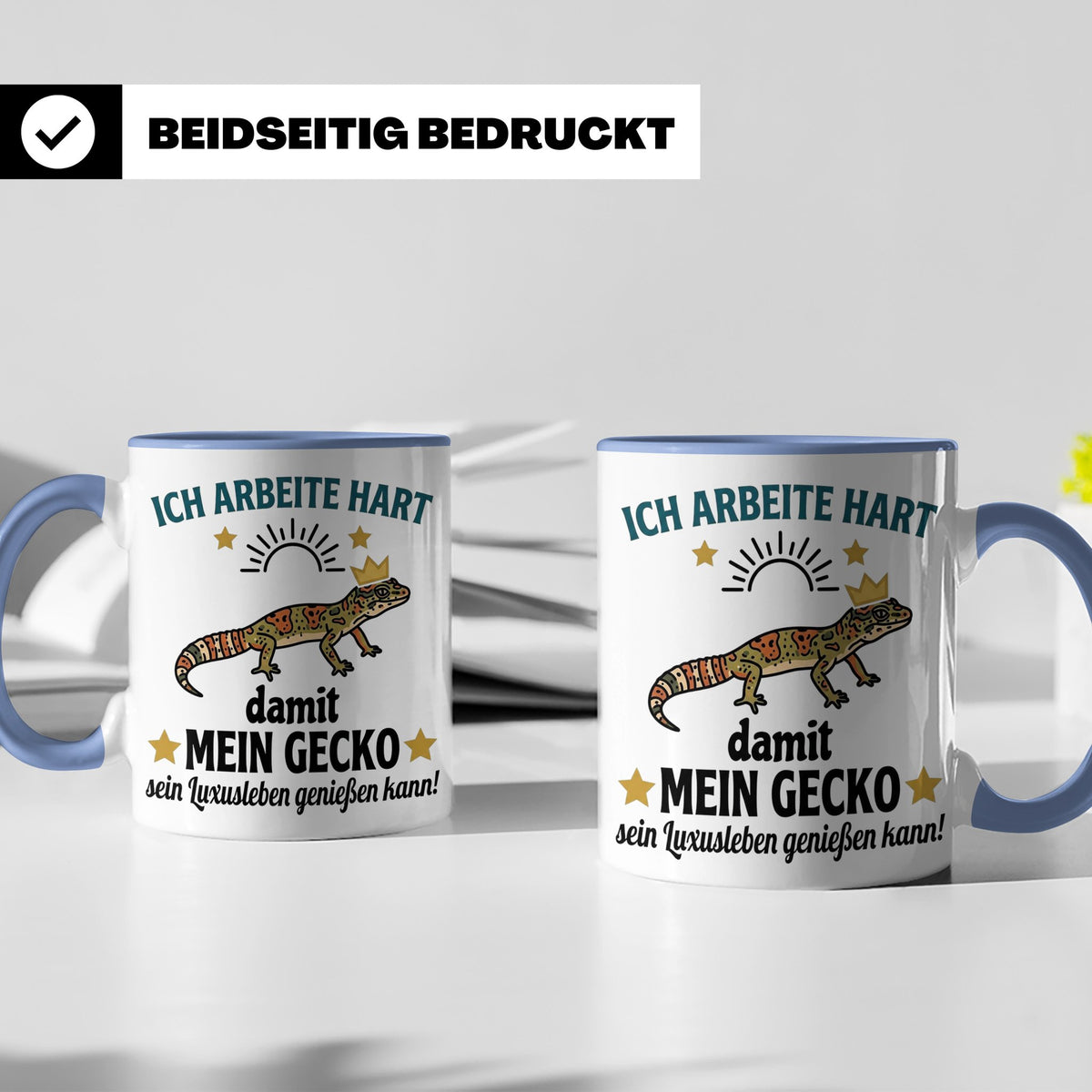 Gecko Tasse mit Spruch Ich arbeite hart... Leopardgecko Halt – Blau [farbe:blau]