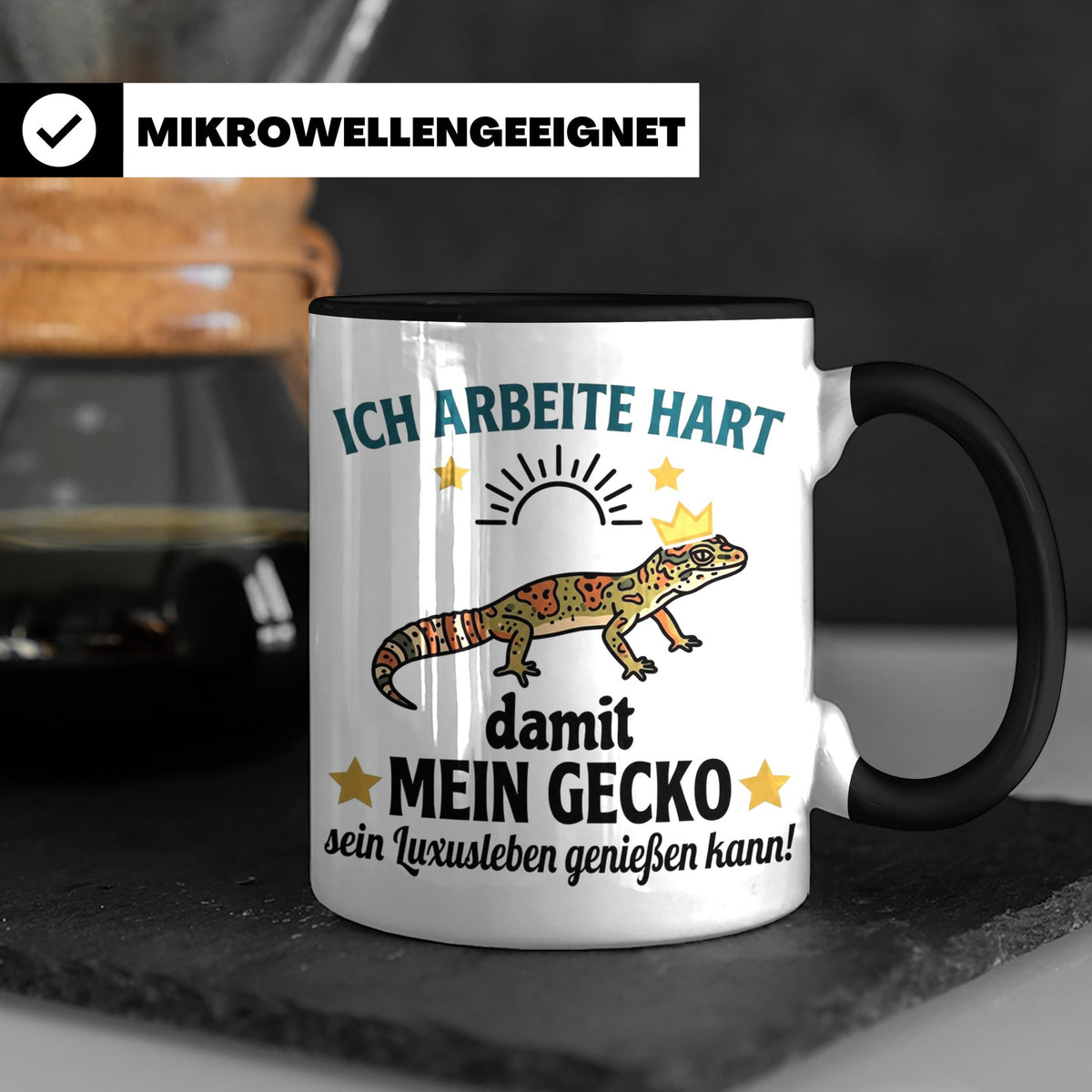 Gecko Tasse mit Spruch Ich arbeite hart... Leopardgecko Halt – Schwarz [farbe:schwarz]