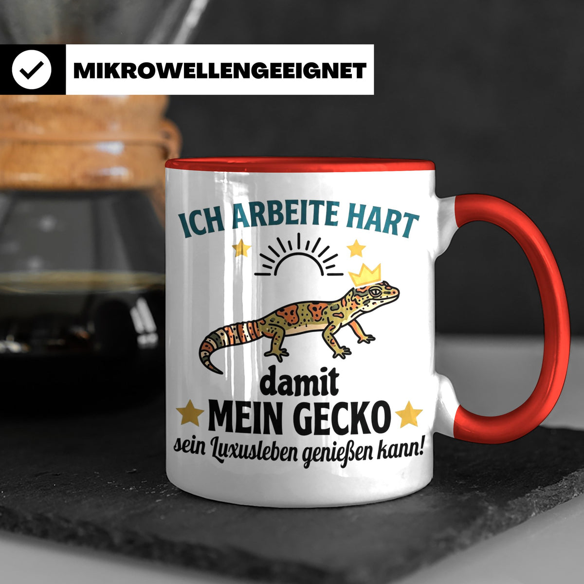 Gecko Tasse mit Spruch Ich arbeite hart... Leopardgecko Halt – Rot [farbe:rot]