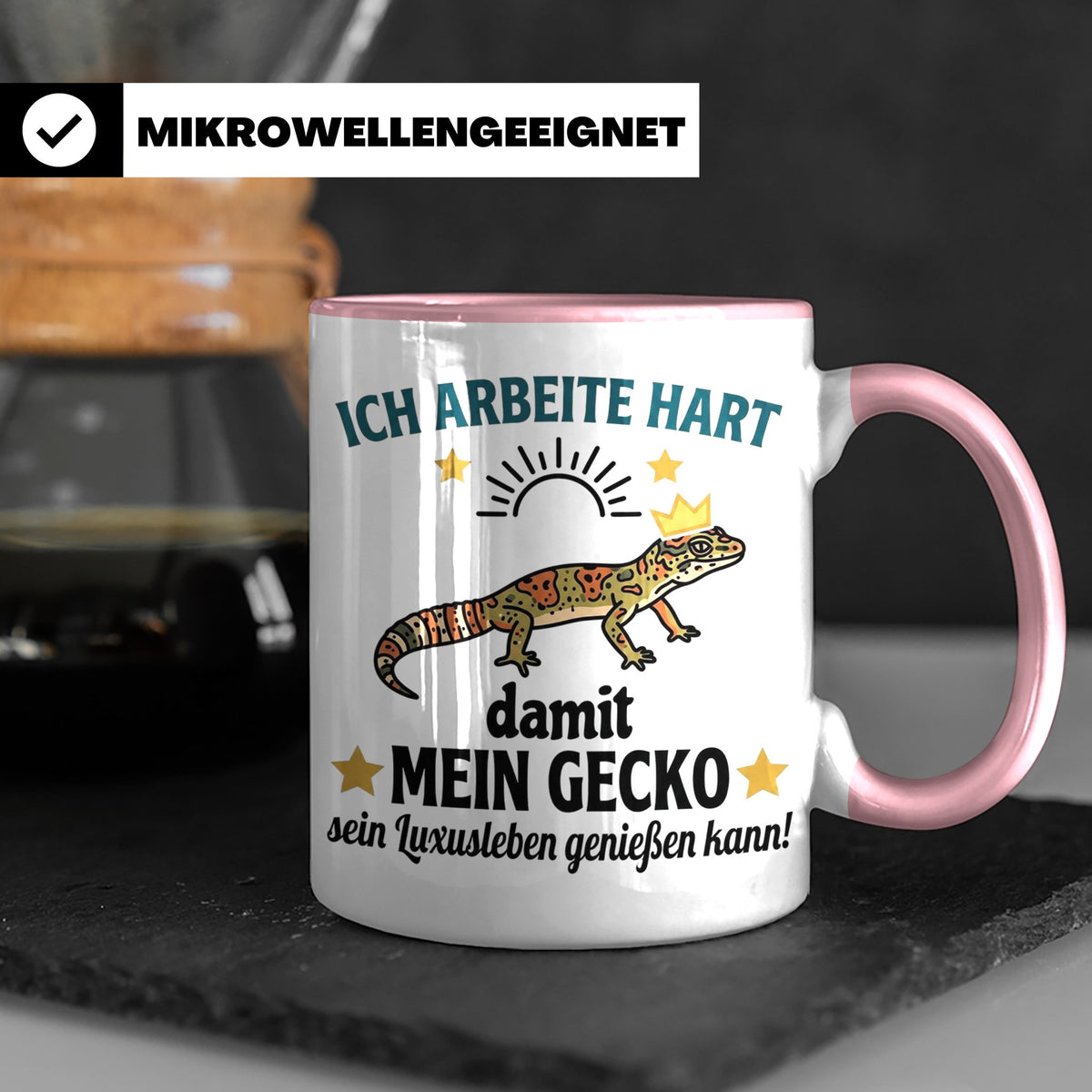 Gecko Tasse mit Spruch Ich arbeite hart... Leopardgecko Halt – Rosa [farbe:rosa]