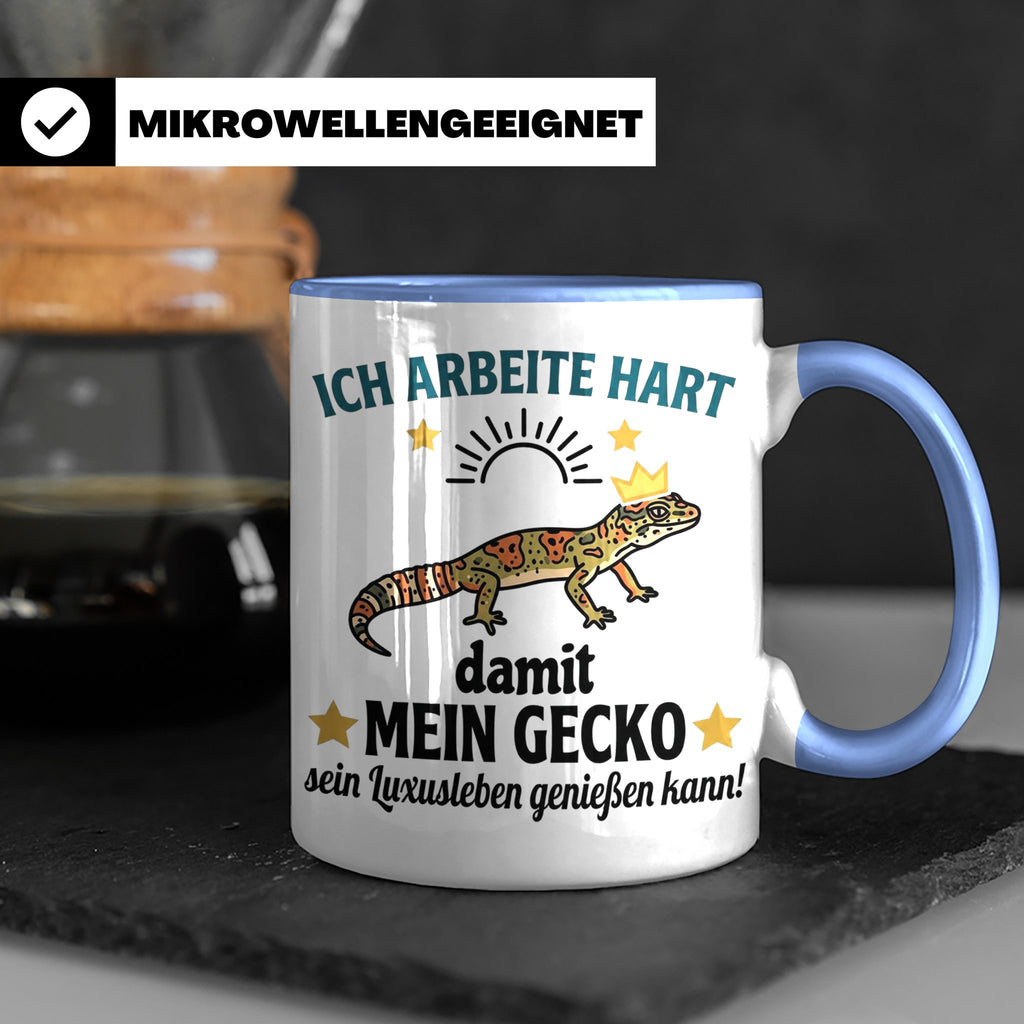 Gecko Tasse mit Spruch Ich arbeite hart... Leopardgecko Halt – Blau [farbe:blau]