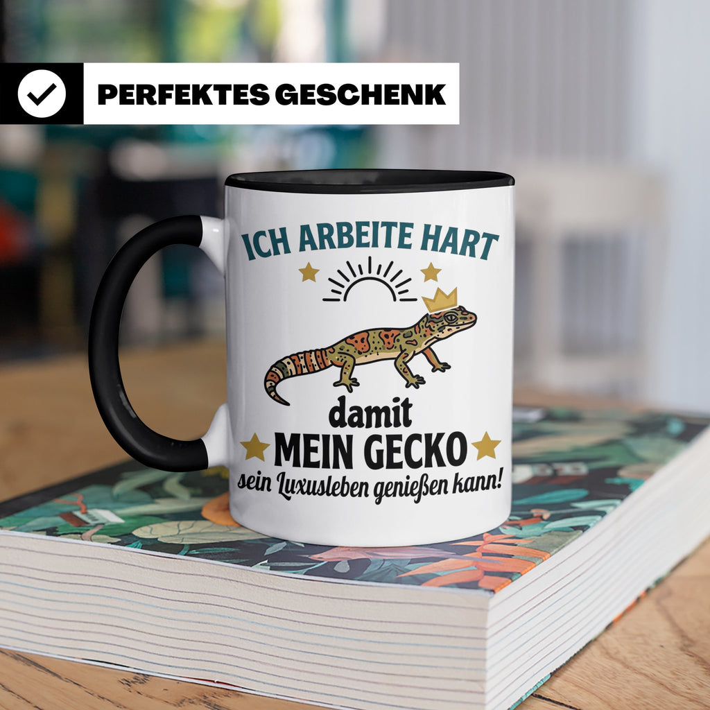 Gecko Tasse mit Spruch Ich arbeite hart... Leopardgecko Halt – Schwarz [farbe:schwarz]