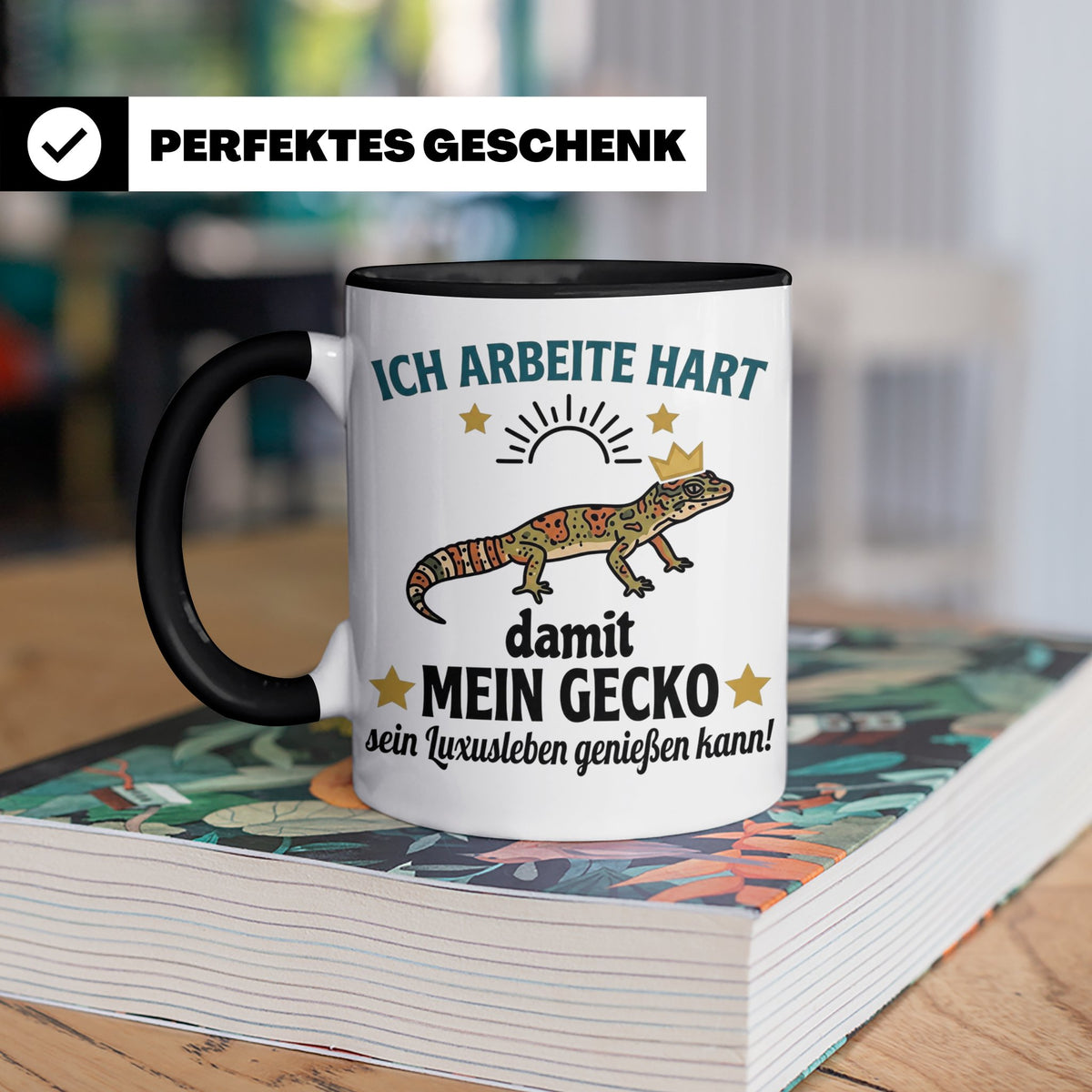 Gecko Tasse mit Spruch Ich arbeite hart... Leopardgecko Halt – Schwarz [farbe:schwarz]