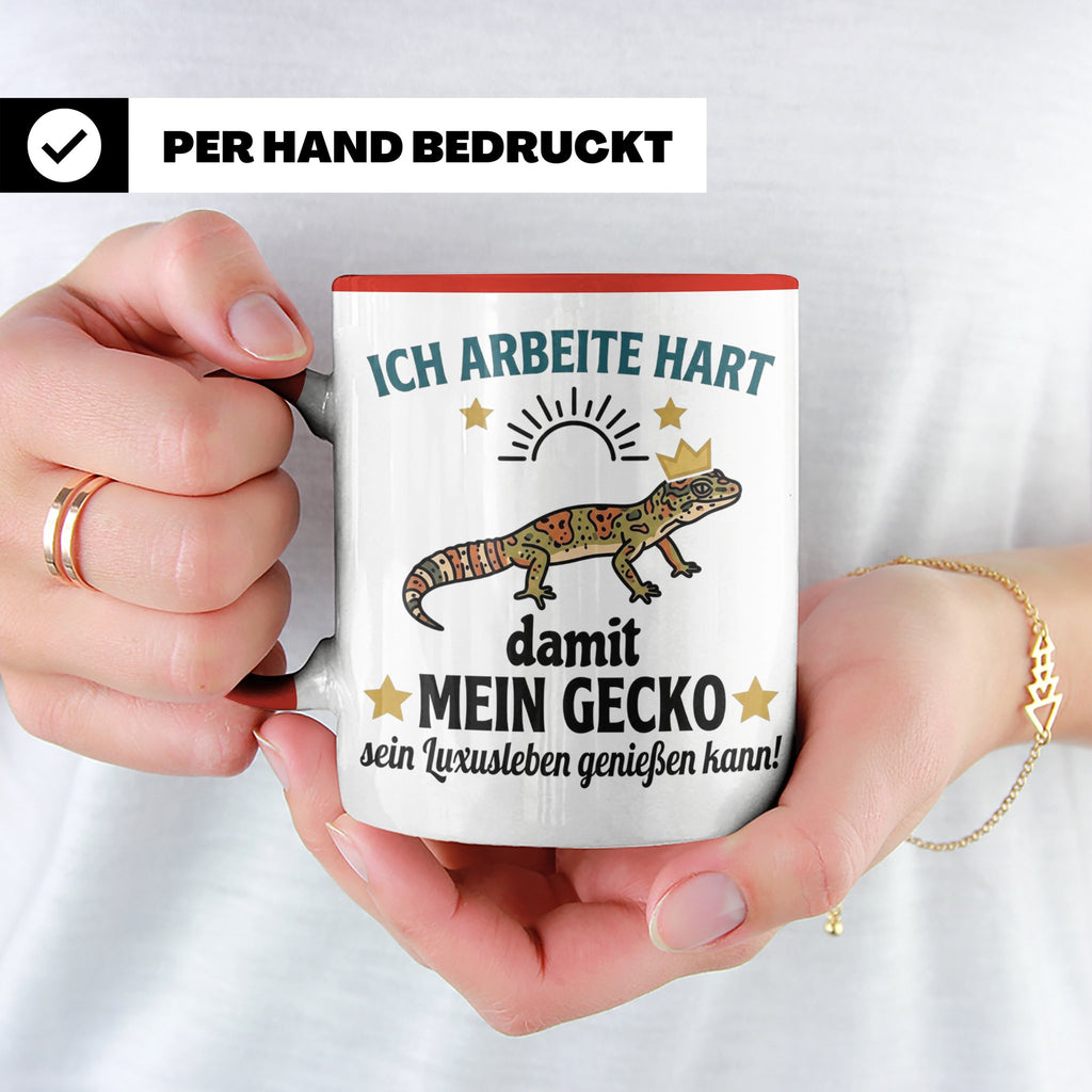 Gecko Tasse mit Spruch Ich arbeite hart... Leopardgecko Halt – Rot [farbe:rot]