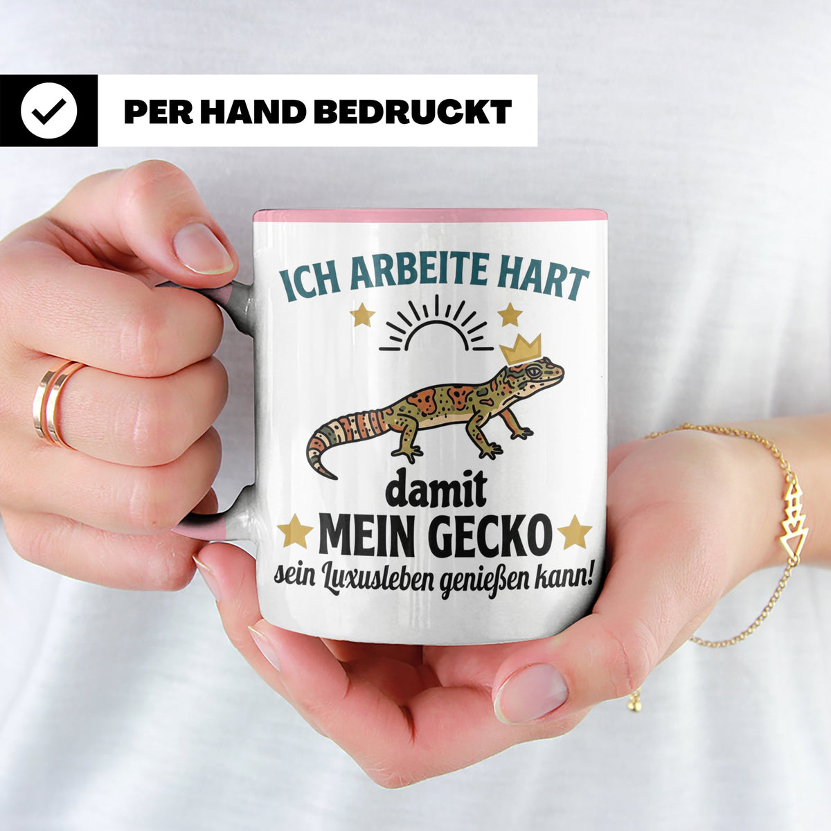 Gecko Tasse mit Spruch Ich arbeite hart... Leopardgecko Halt – Rosa [farbe:rosa]