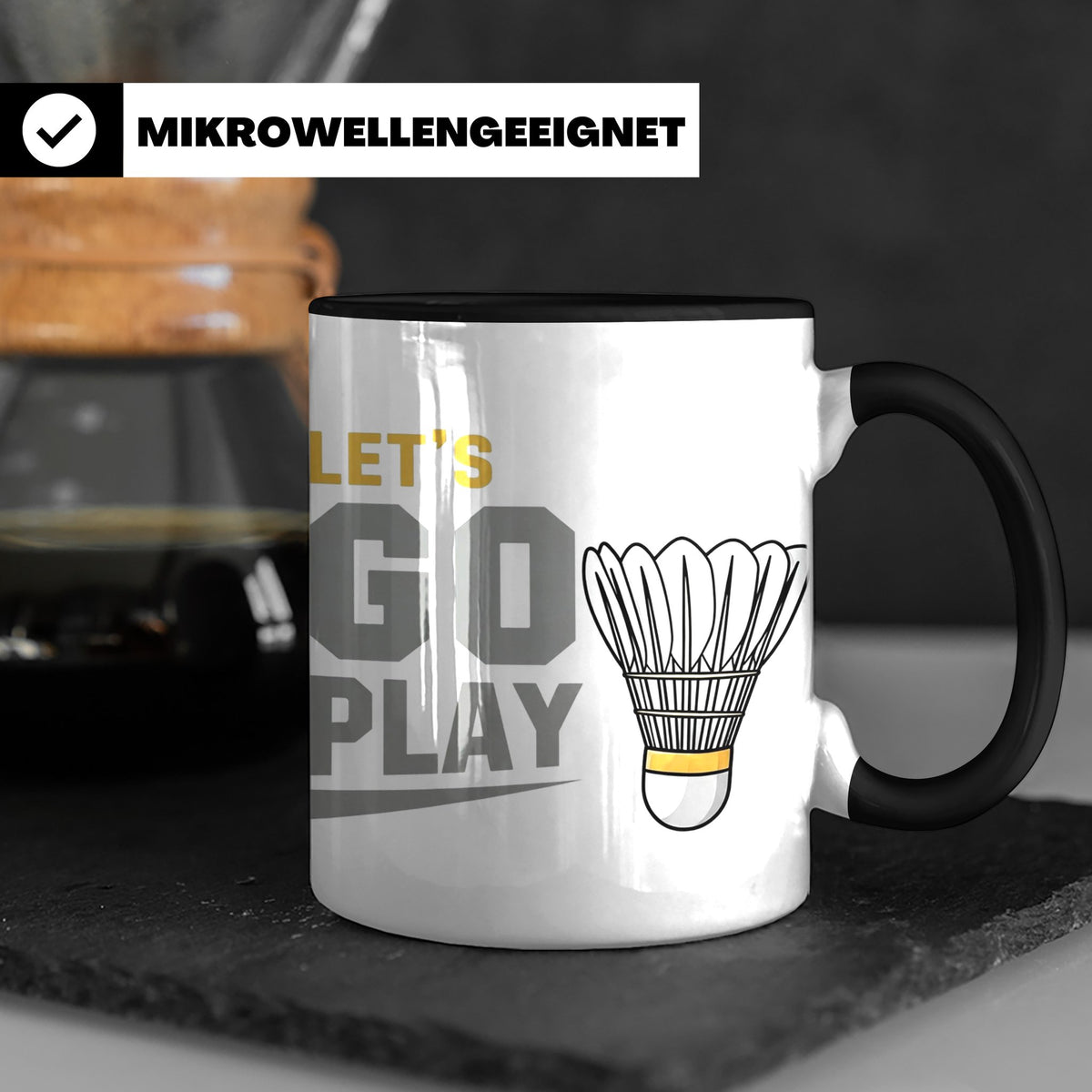 Badminton Tasse Let's Go Play, Federball Spieler Geschenk, S – Schwarz [farbe:schwarz]
