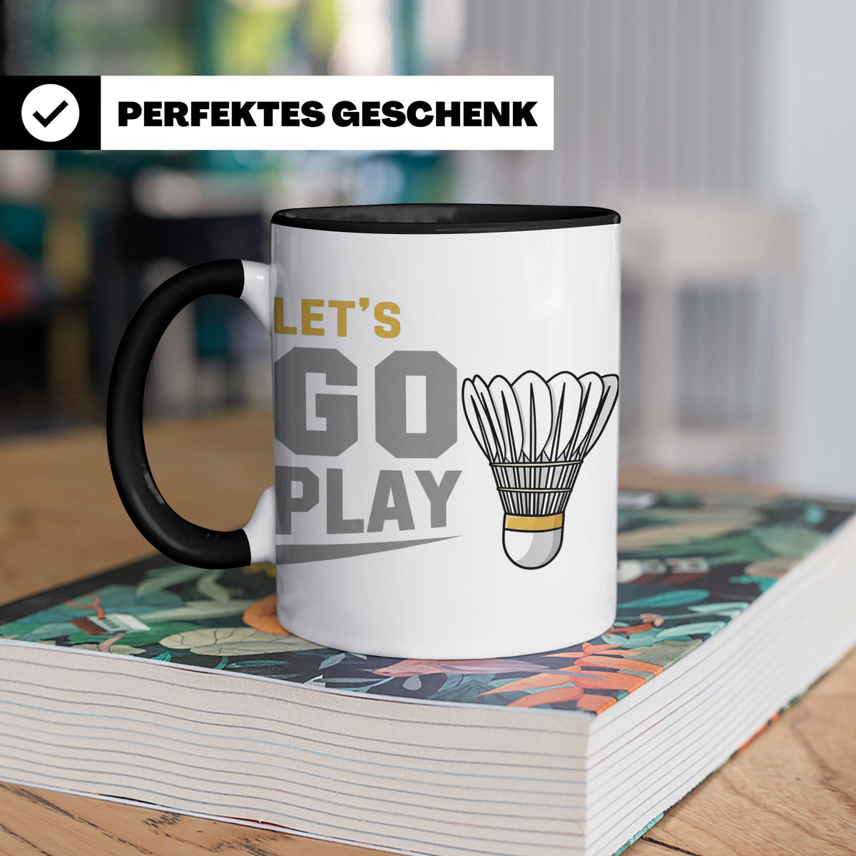 Badminton Tasse Let's Go Play, Federball Spieler Geschenk, S – Schwarz [farbe:schwarz]
