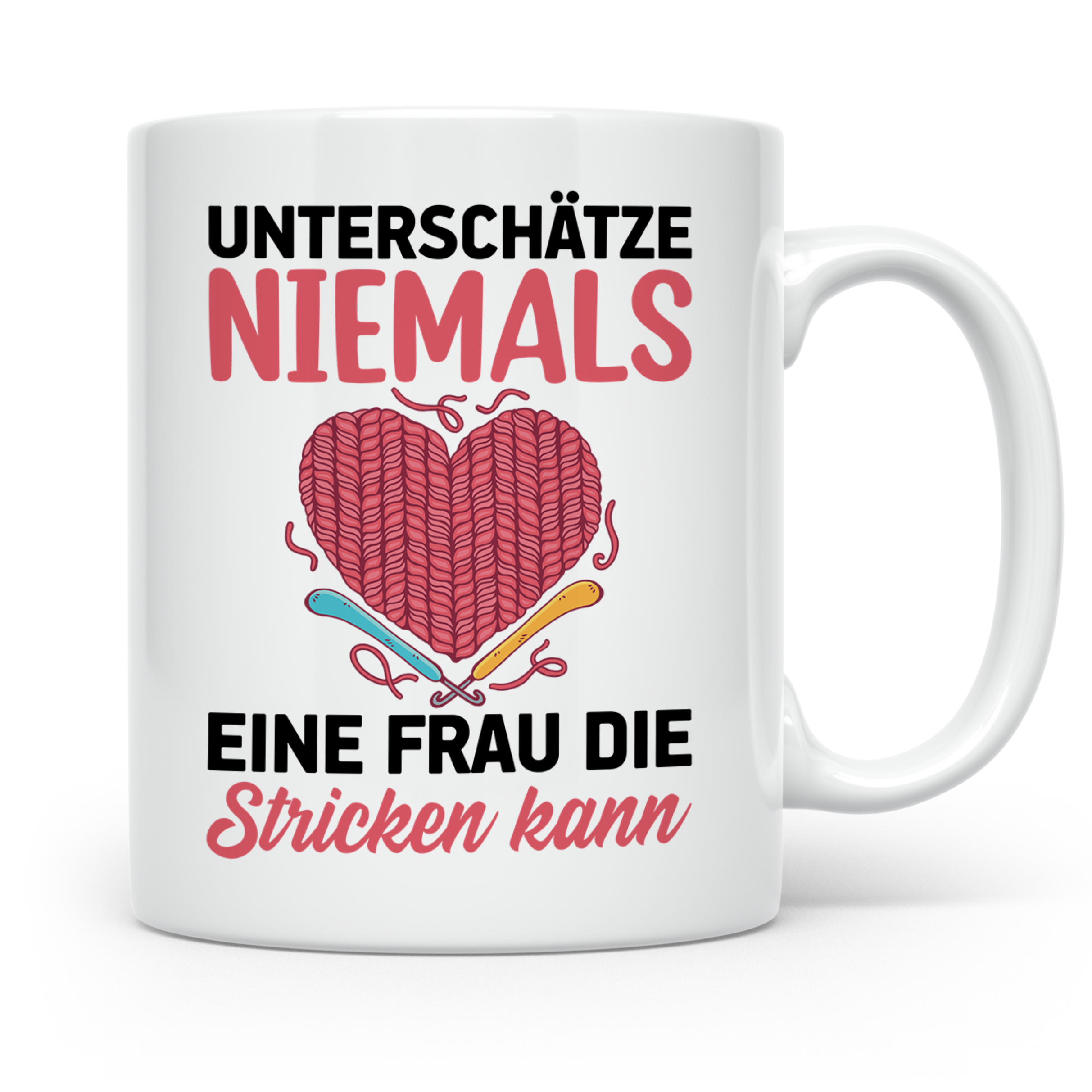 Niemals Stricken kann Tasse - Stricknadel Herz Motiv - Häkel - Weiß