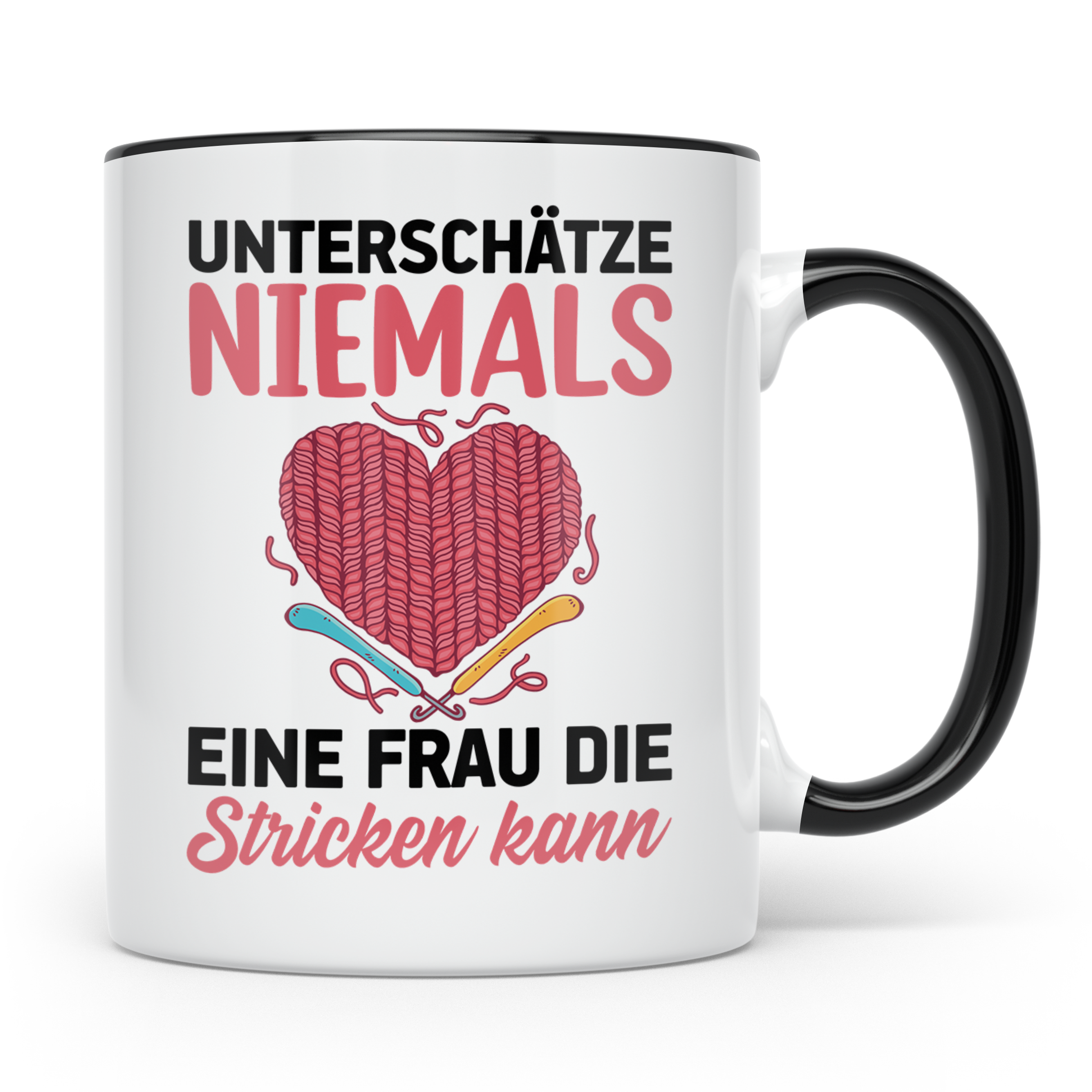 Niemals Stricken kann Tasse - Stricknadel Herz Motiv - Häkel - Schwarz
