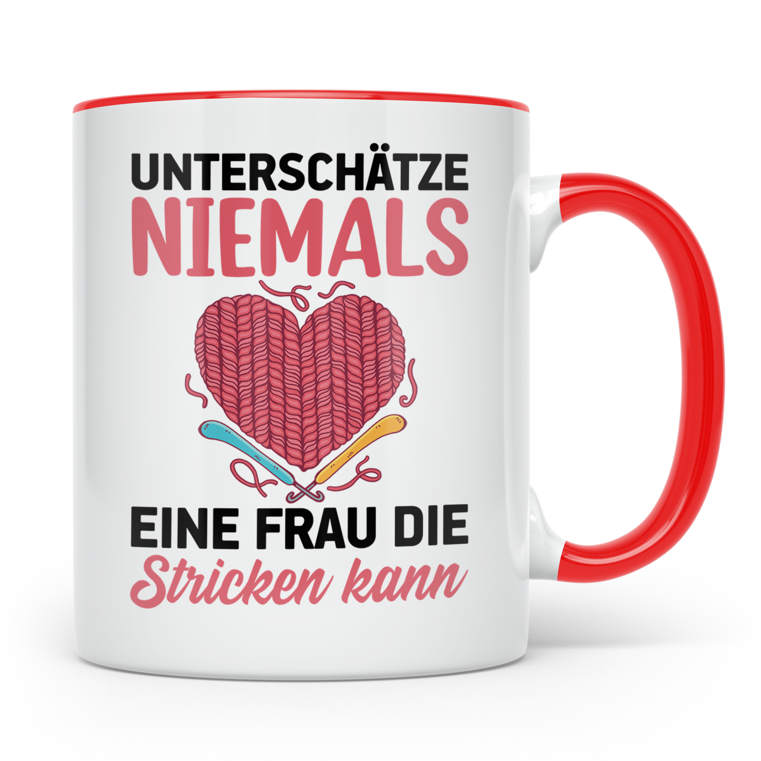 Niemals Stricken kann Tasse - Stricknadel Herz Motiv - Häkel - Rot