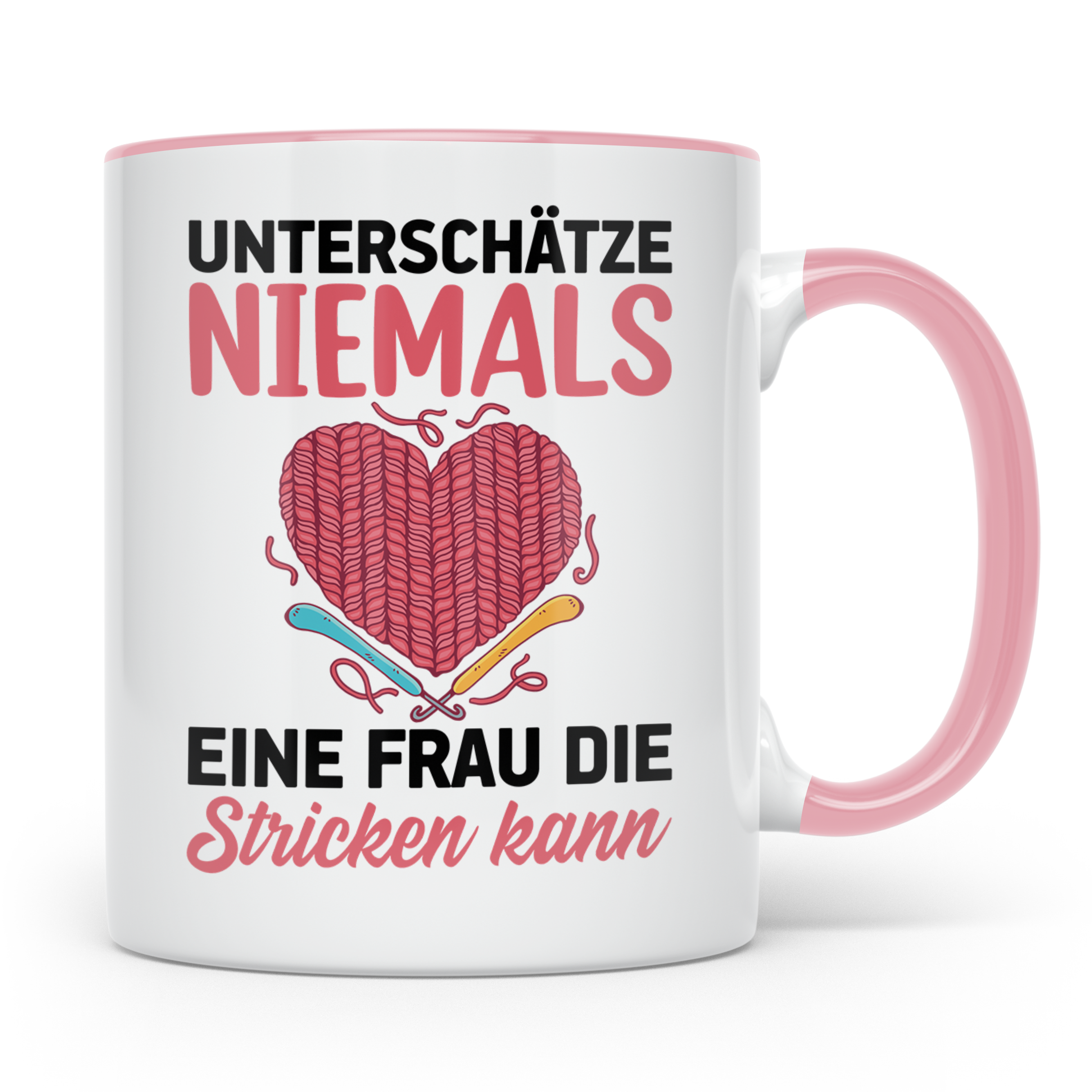 Niemals Stricken kann Tasse - Stricknadel Herz Motiv - Häkel - Rosa