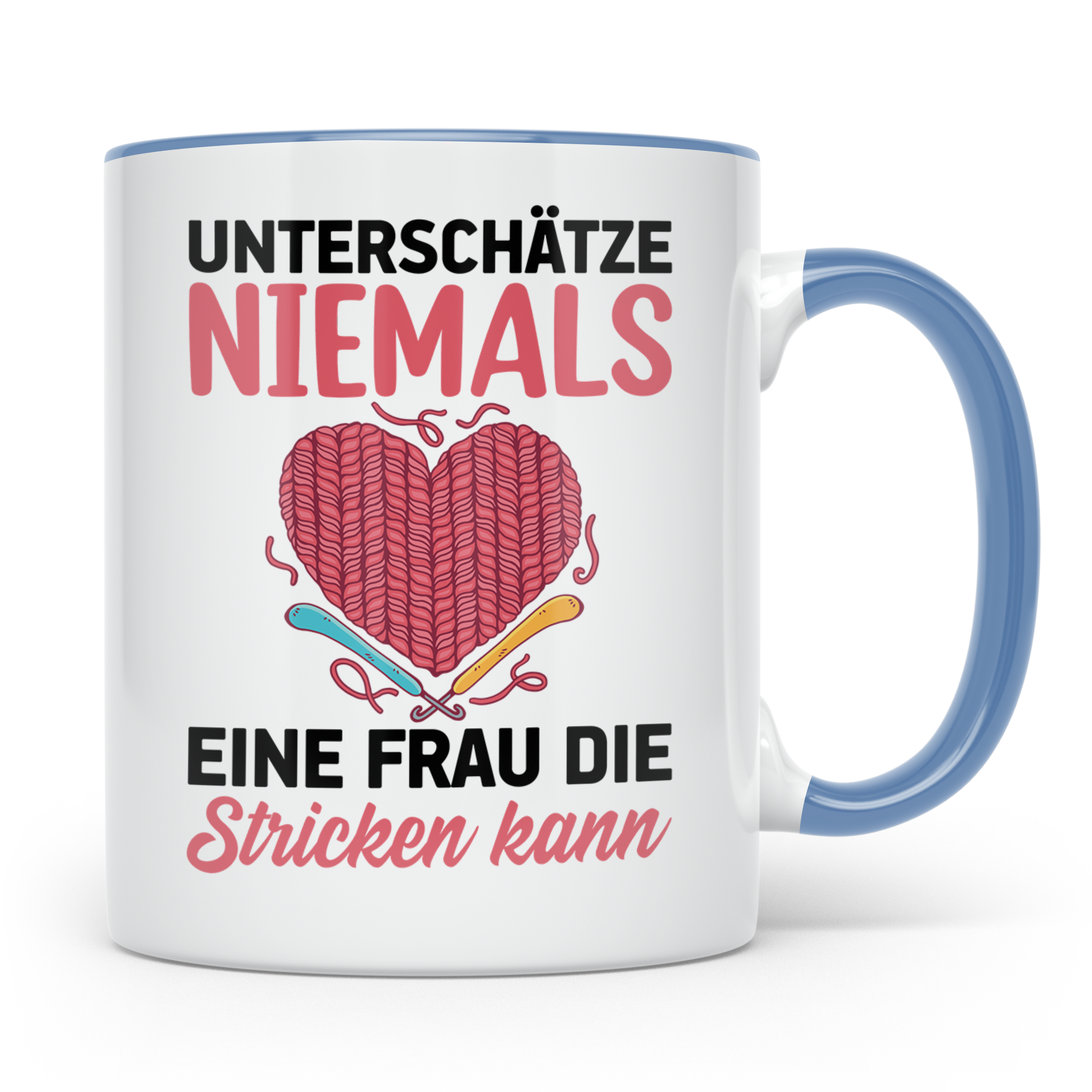 Niemals Stricken kann Tasse - Stricknadel Herz Motiv - Häkel - Blau